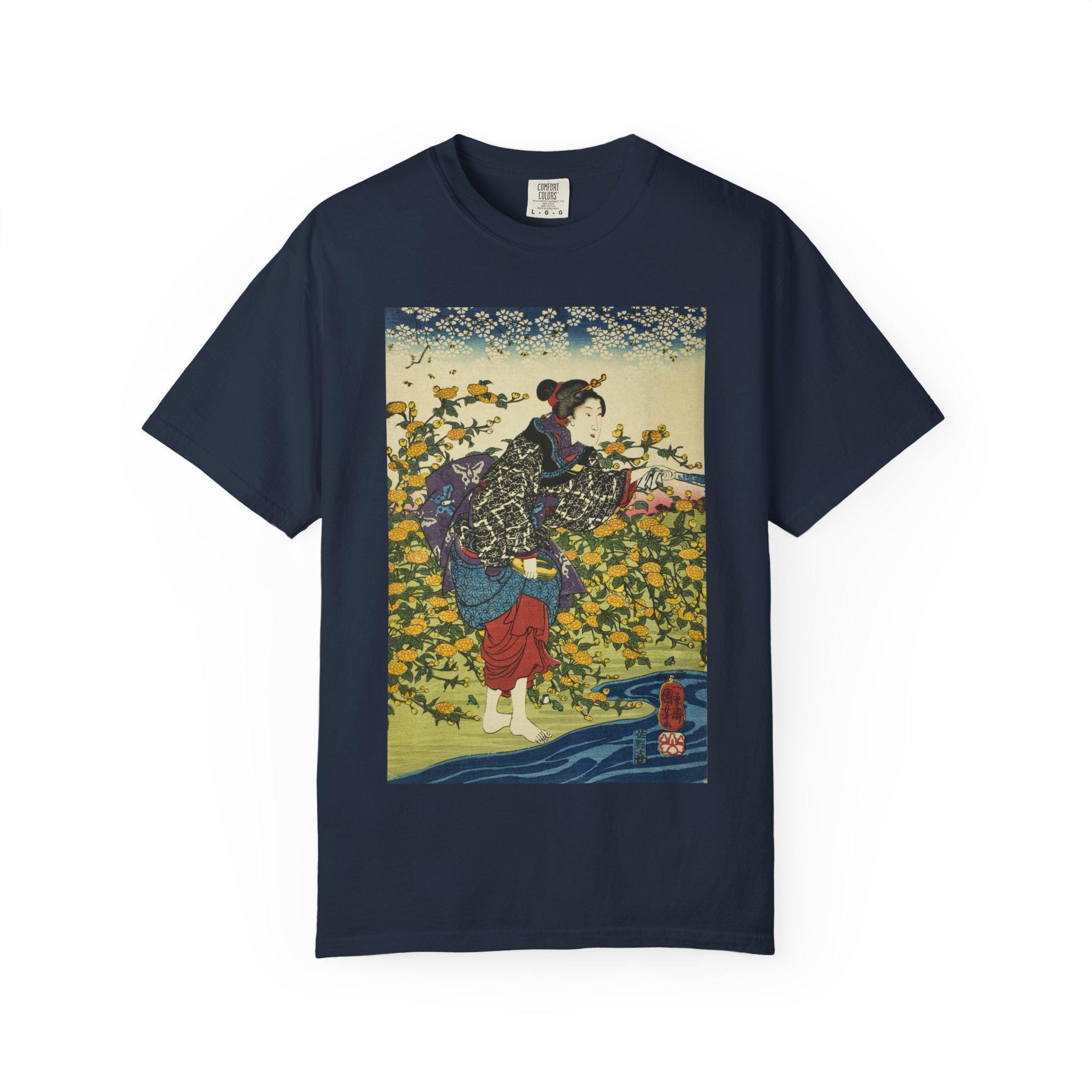 The Ide Jewel River in Yamashiro Province by Utagawa Kuniyoshi - Unisex Garment-Dyed T-Shirt - Japanese Ukiyo-e Art Tee - Detailed view 6 showing the premium acrylic print quality and craftsmanship