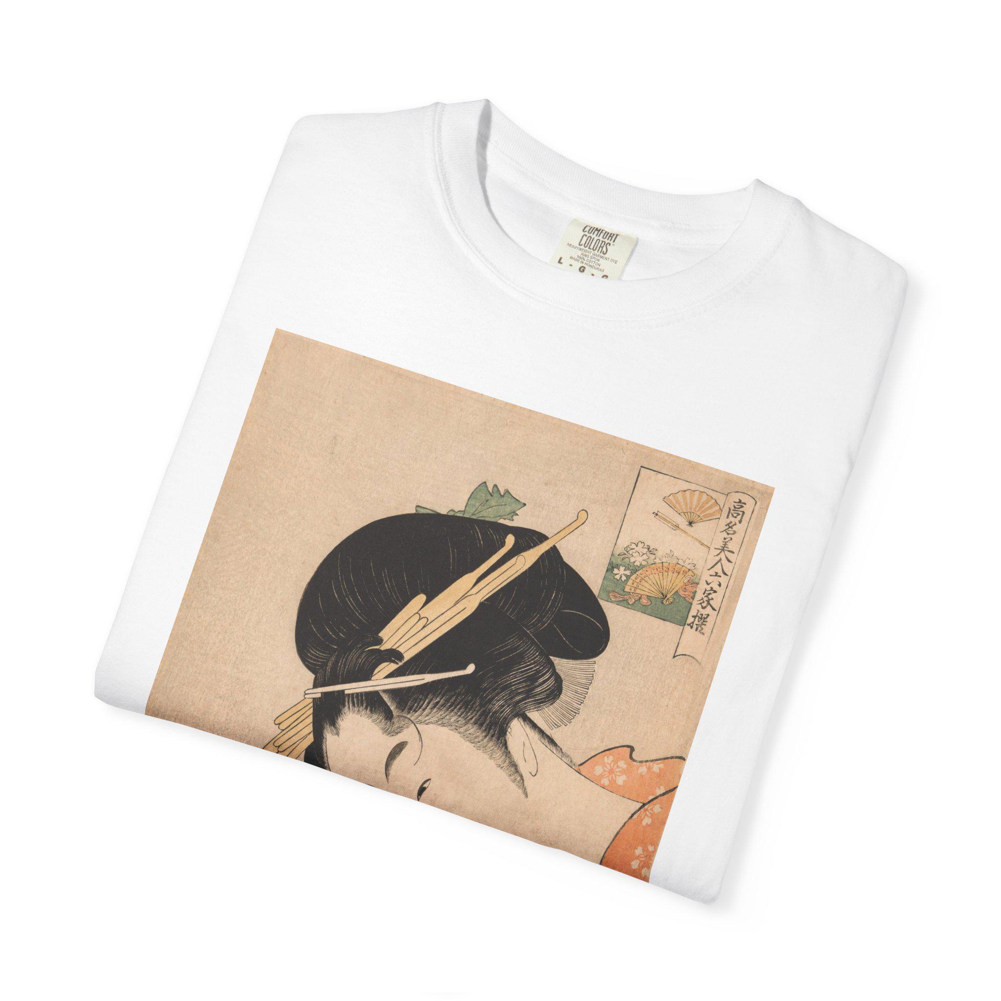 Elegant Edo Courtesan Portrait by Kitagawa Utamaro - Hanaogi of the Ogiya Ukiyo-e Art T-Shirt - Japanese Aesthetic Unisex Tee - Detailed view 7 showing the premium acrylic print quality and craftsmanship