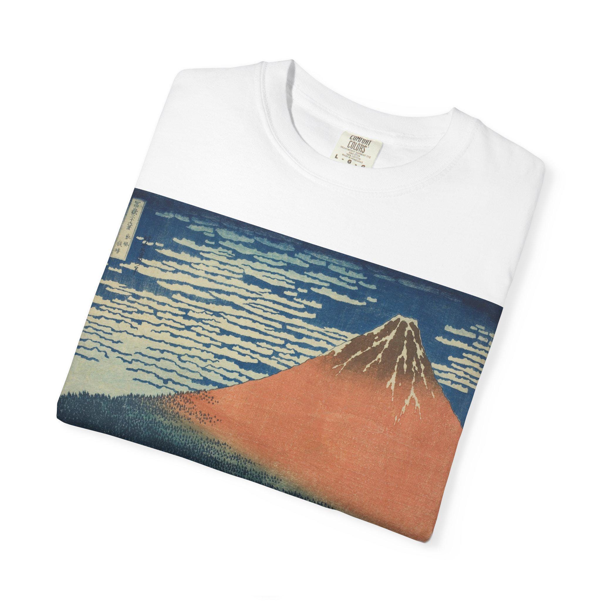 Red Fuji (A Mild Breeze on a Fine Day) by Katsushika Hokusai - Japanese Ukiyo-e Art T-Shirt - Unisex Garment-Dyed Tee - Detailed view 7 showing the premium acrylic print quality and craftsmanship