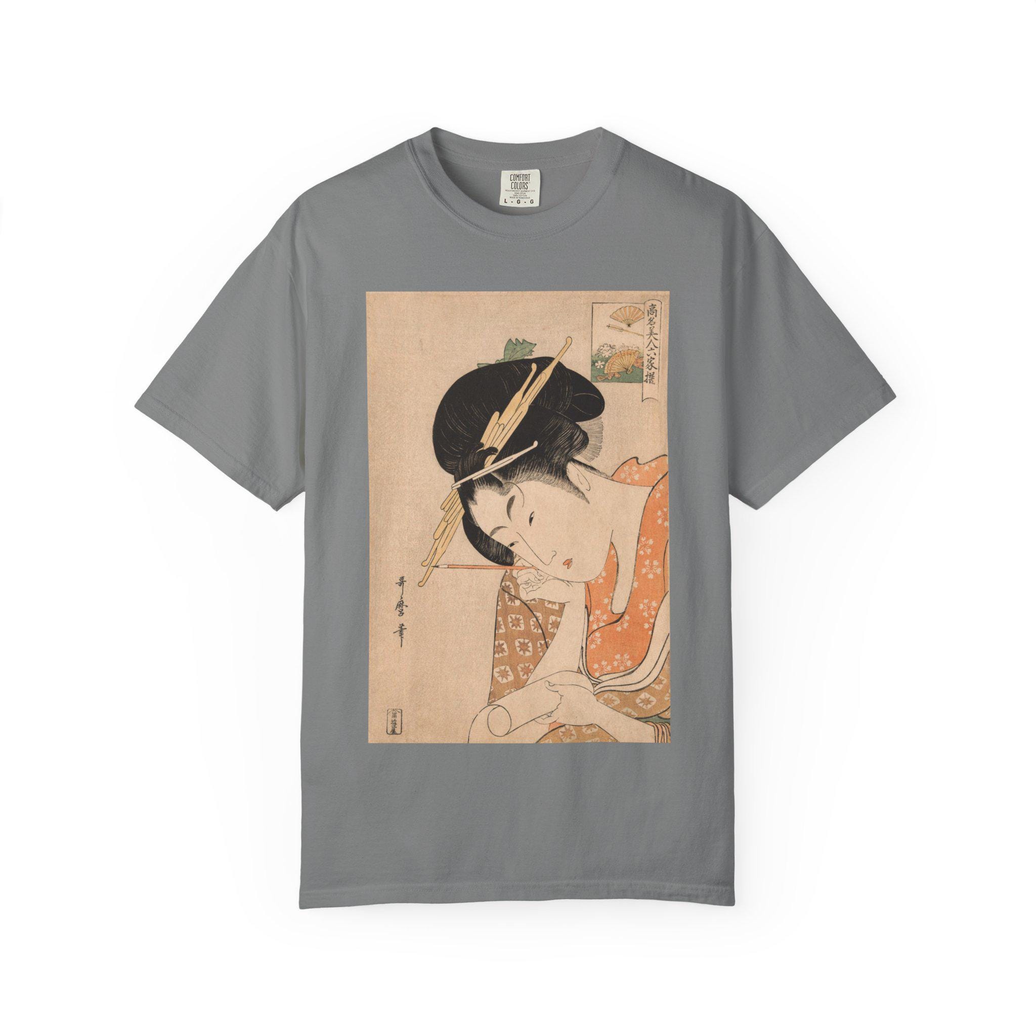 Elegant Edo Courtesan Portrait by Kitagawa Utamaro - Hanaogi of the Ogiya Ukiyo-e Art T-Shirt - Japanese Aesthetic Unisex Tee - Detailed view 5 showing the premium acrylic print quality and craftsmanship