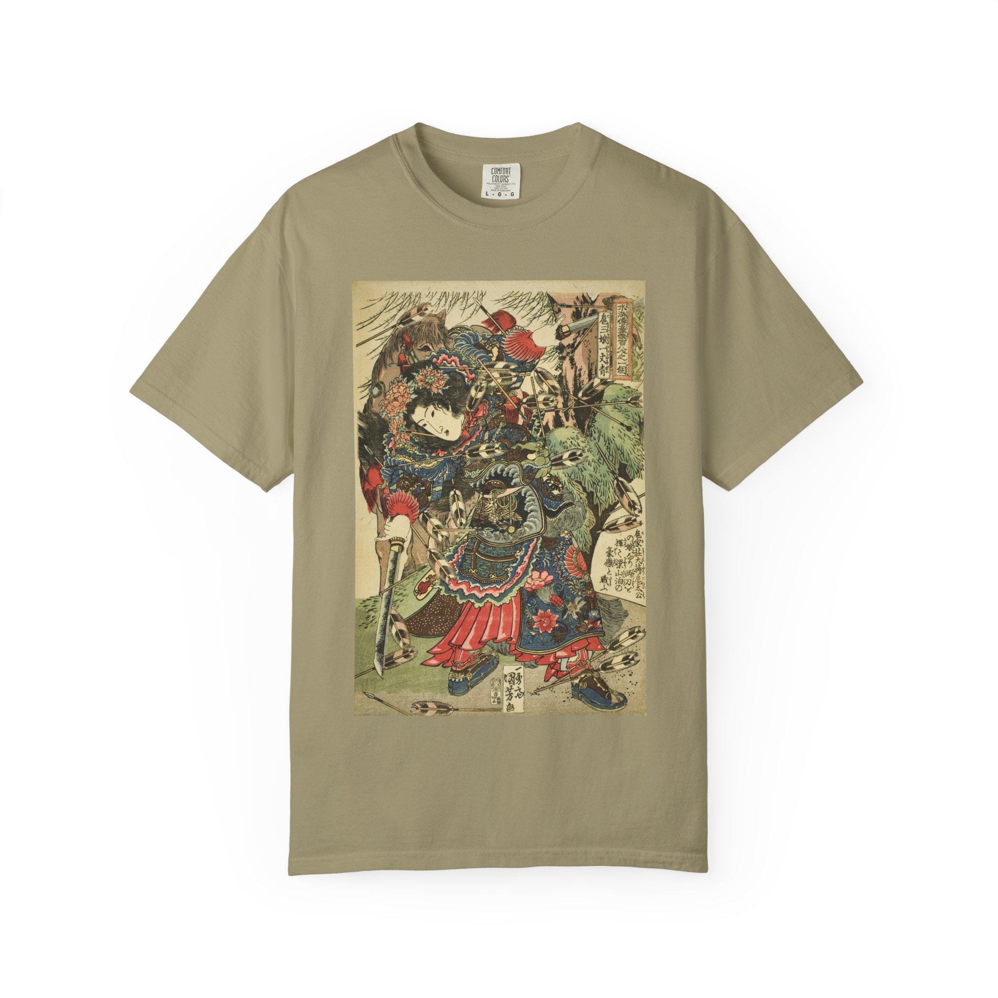 Hu Sanniang by Utagawa Kuniyoshi - Edo Period Warrior Woman Ukiyo-e - Japanese Suikoden Art - Unisex Garment-Dyed T-shirt - Detailed view 4 showing the premium acrylic print quality and craftsmanship