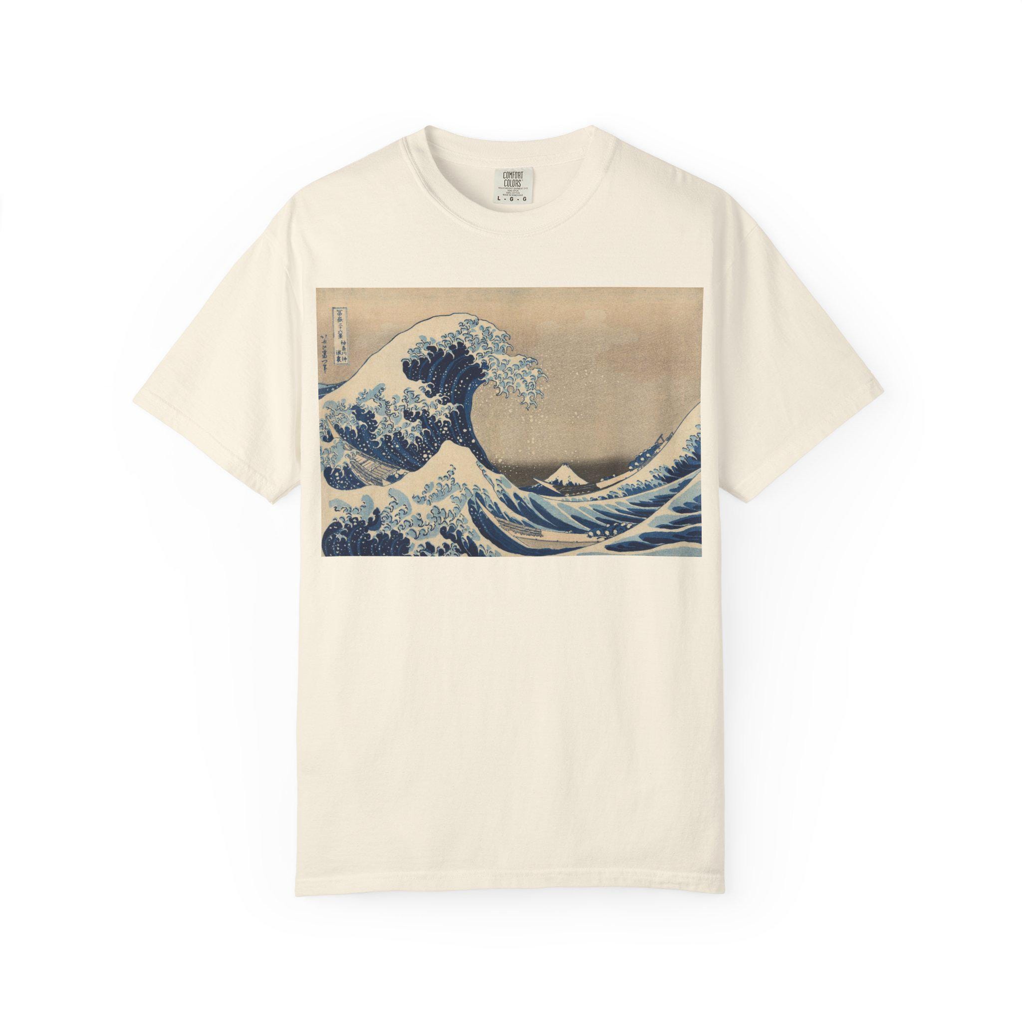 The Great Wave off Kanagawa by Katsushika Hokusai - Japanese Ukiyo-e Art T-Shirt - Unisex Garment-Dyed Tee - Detailed view 3 showing the premium acrylic print quality and craftsmanship