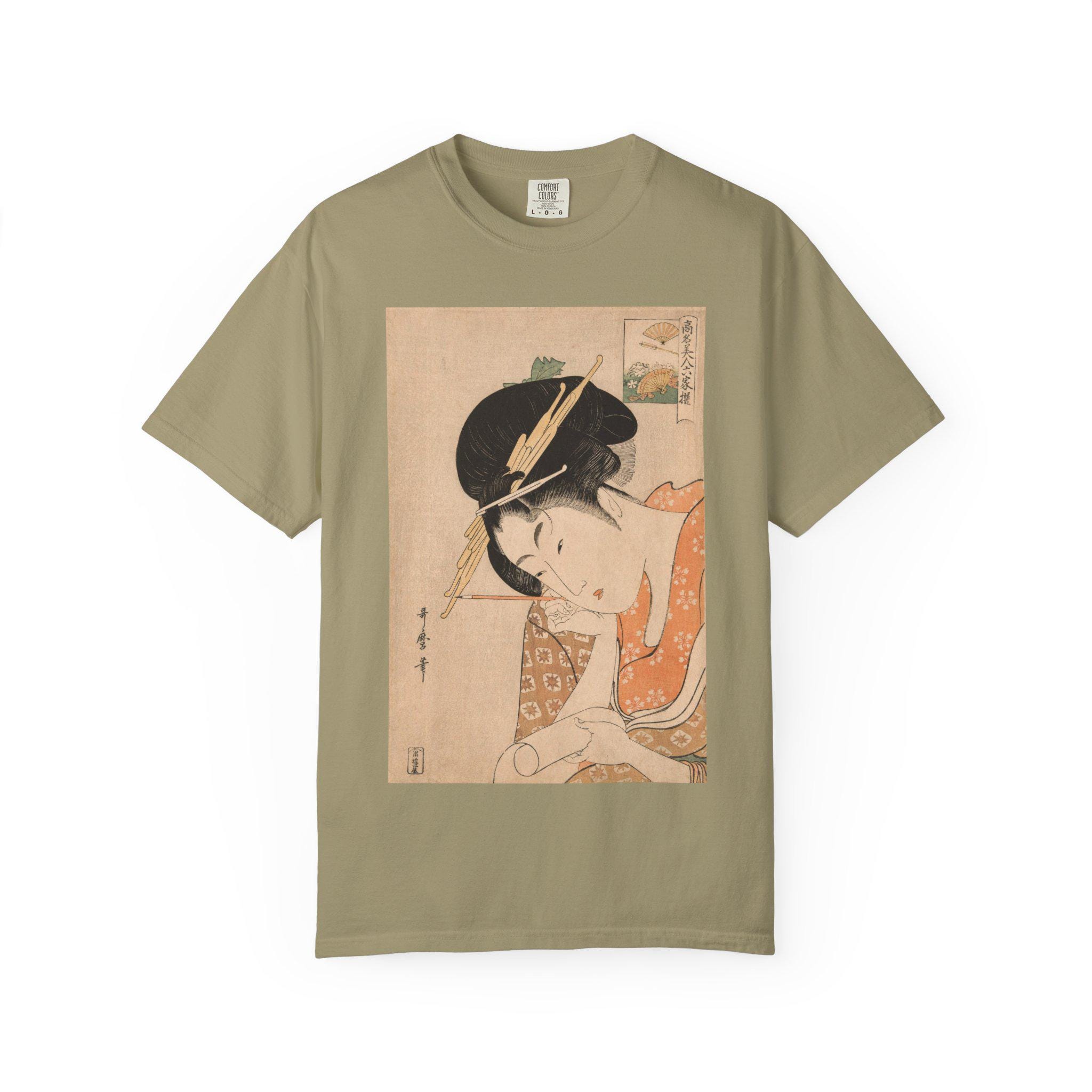 Elegant Edo Courtesan Portrait by Kitagawa Utamaro - Hanaogi of the Ogiya Ukiyo-e Art T-Shirt - Japanese Aesthetic Unisex Tee - Detailed view 4 showing the premium acrylic print quality and craftsmanship
