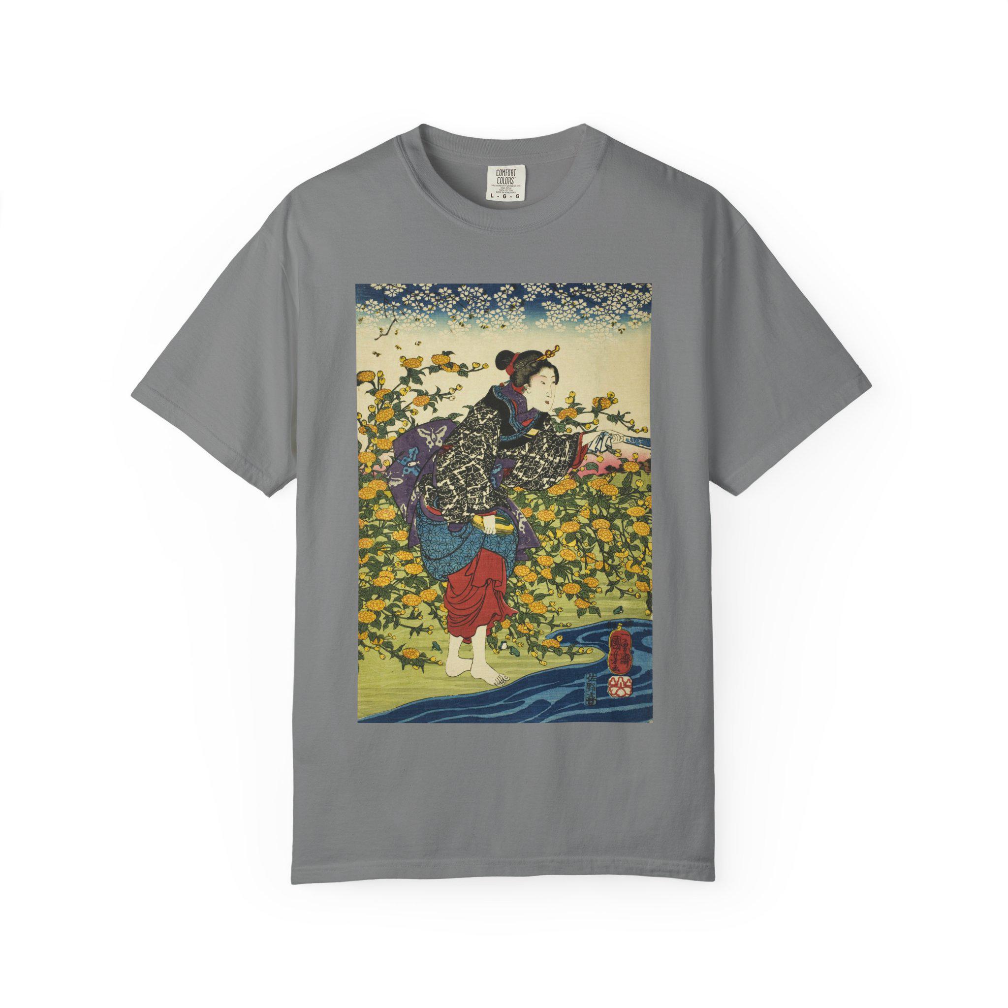 The Ide Jewel River in Yamashiro Province by Utagawa Kuniyoshi - Unisex Garment-Dyed T-Shirt - Japanese Ukiyo-e Art Tee - Detailed view 5 showing the premium acrylic print quality and craftsmanship
