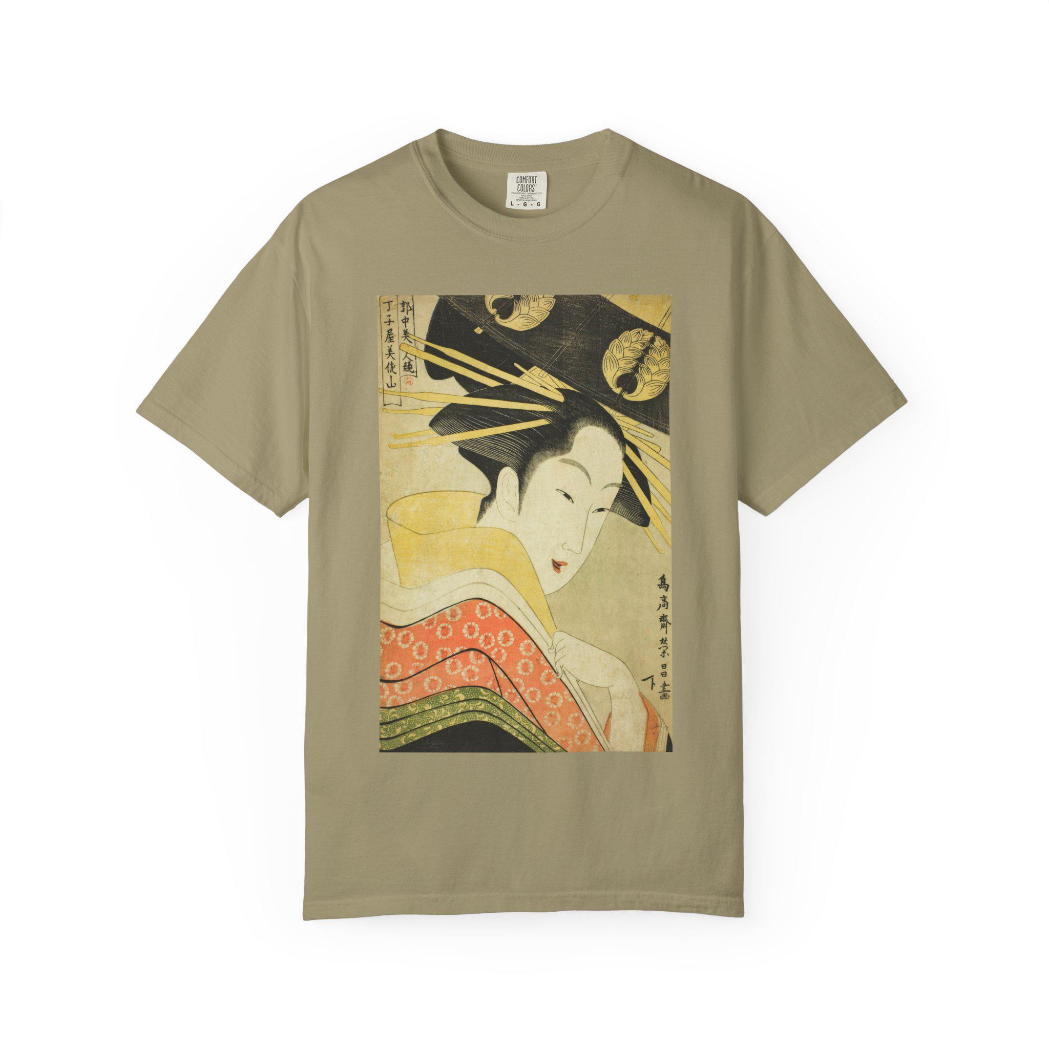 Misayama of the Chojiya by Chokosai Eisho - Edo Period Ukiyo-e Beauty Print T-Shirt - Licensed Quarter Courtesan Series - Detailed view 4 showing the premium acrylic print quality and craftsmanship