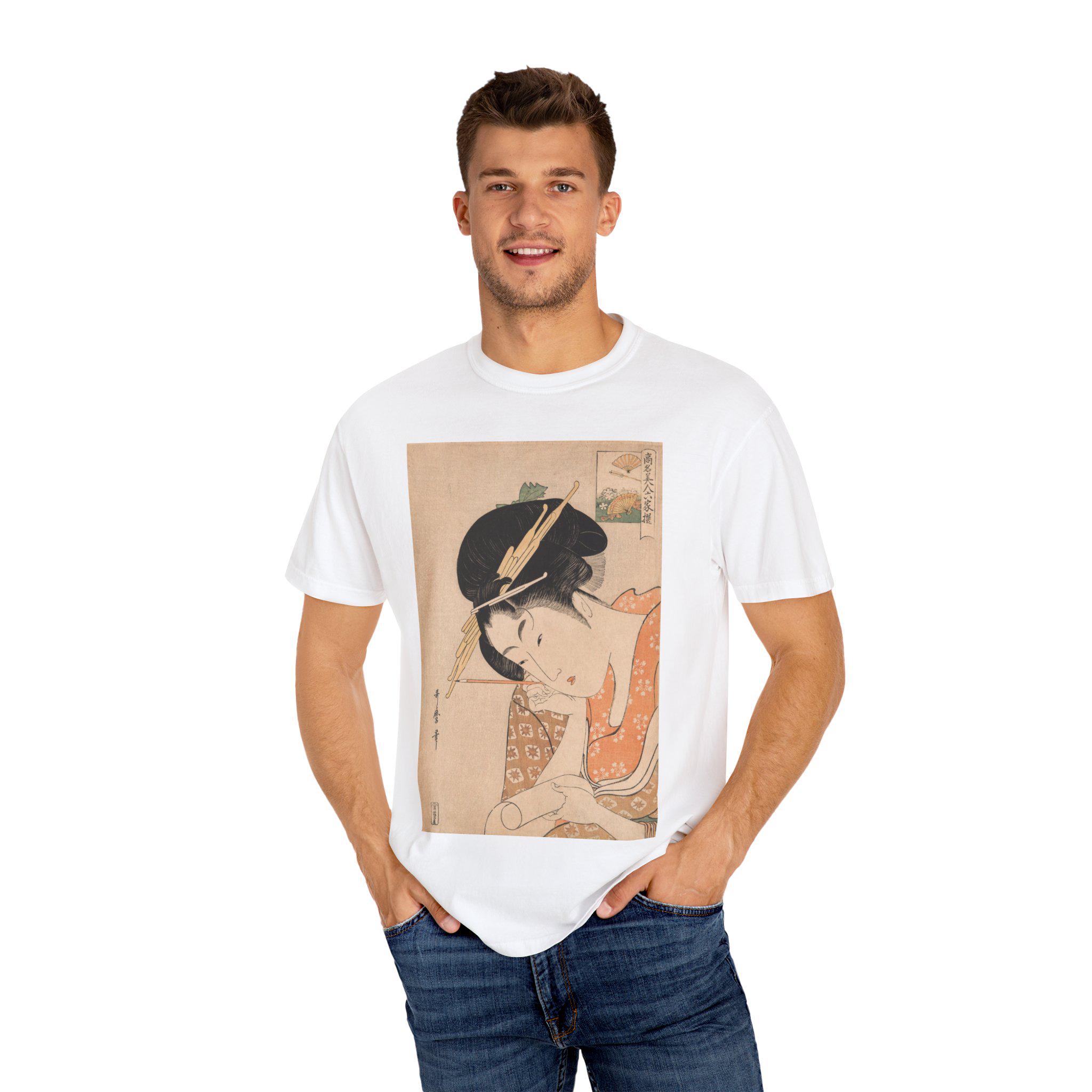 Elegant Edo Courtesan Portrait by Kitagawa Utamaro - Hanaogi of the Ogiya Ukiyo-e Art T-Shirt - Japanese Aesthetic Unisex Tee - Detailed view 8 showing the premium acrylic print quality and craftsmanship