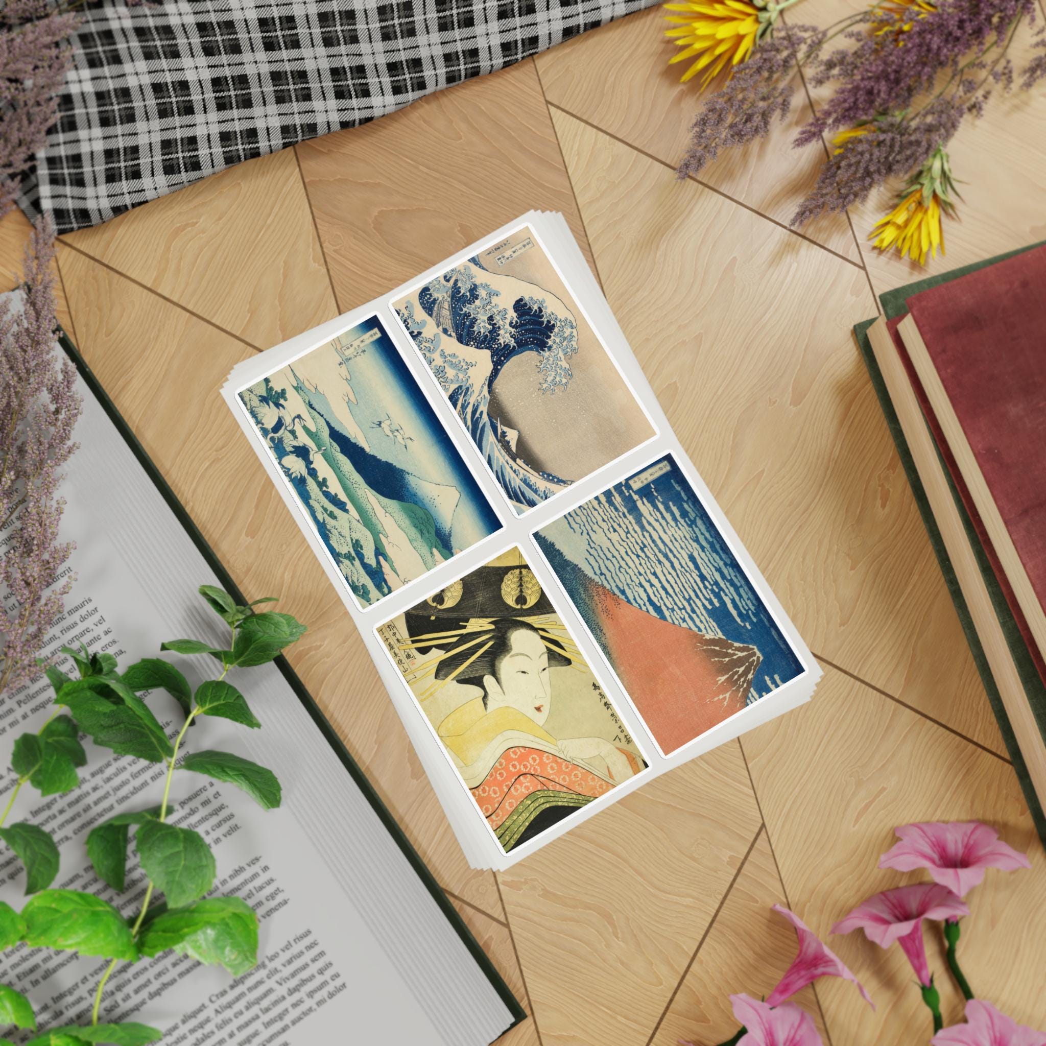 Ukiyo-e Sticker Sheet Set - Hokusai's Great Wave, Red Fuji, Umezawa & Edo Beauty by Eisho | Japanese Art Collection | 4-in-1 Premium Vinyl