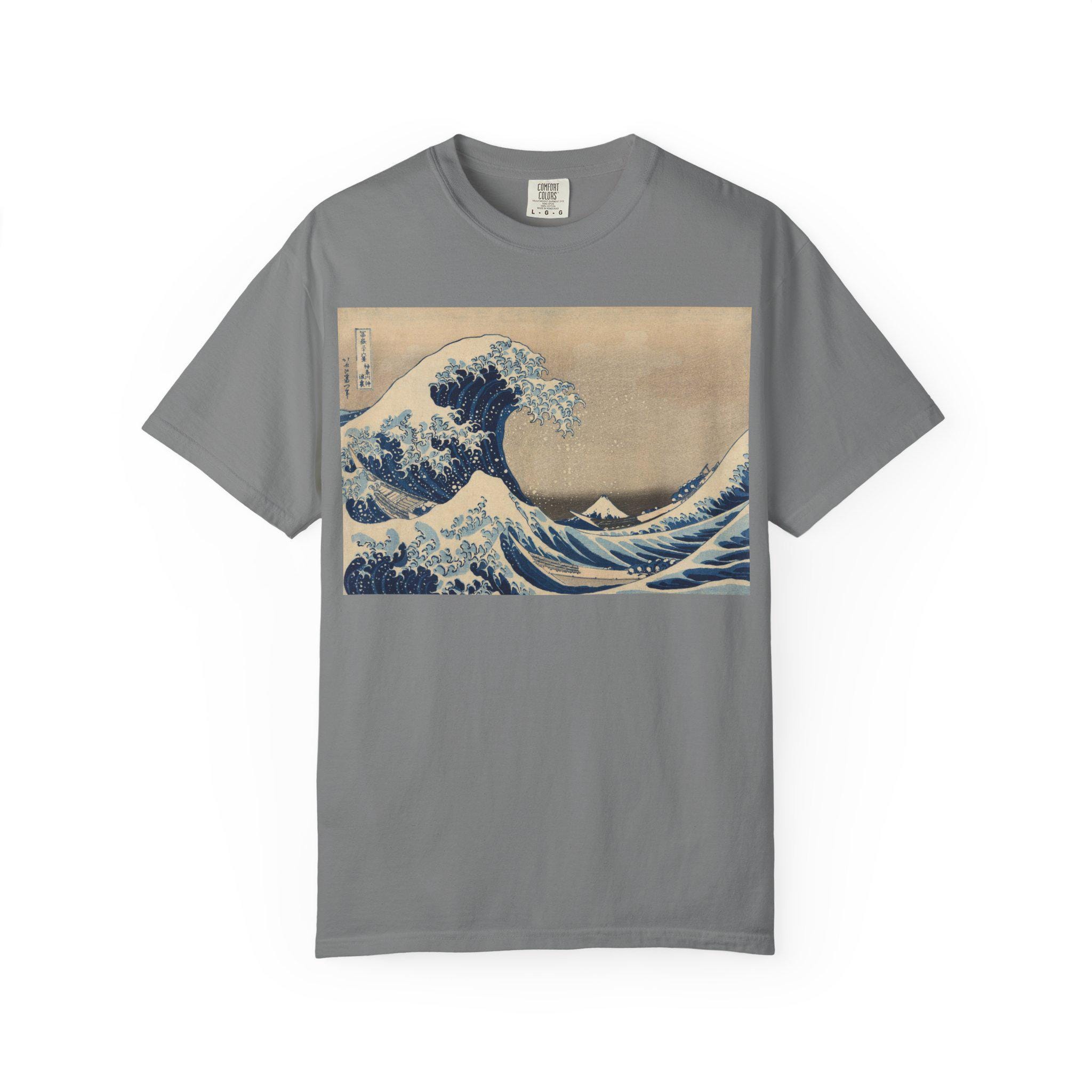 The Great Wave off Kanagawa by Katsushika Hokusai - Japanese Ukiyo-e Art T-Shirt - Unisex Garment-Dyed Tee - Detailed view 5 showing the premium acrylic print quality and craftsmanship
