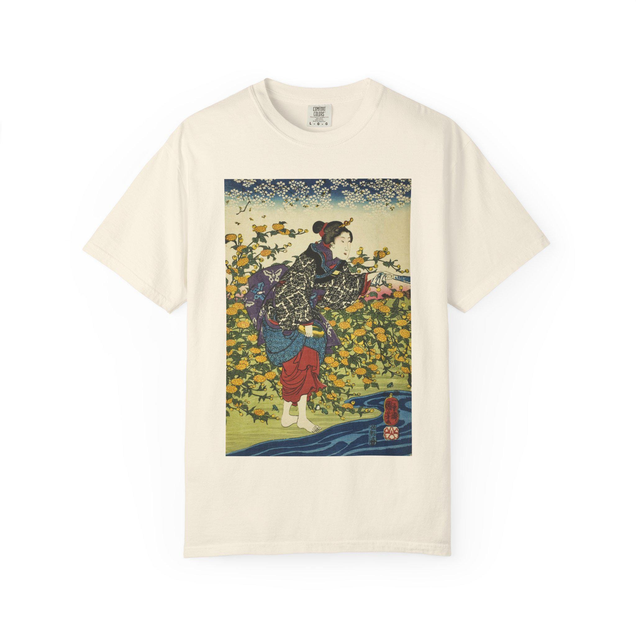 The Ide Jewel River in Yamashiro Province by Utagawa Kuniyoshi - Unisex Garment-Dyed T-Shirt - Japanese Ukiyo-e Art Tee - Detailed view 3 showing the premium acrylic print quality and craftsmanship