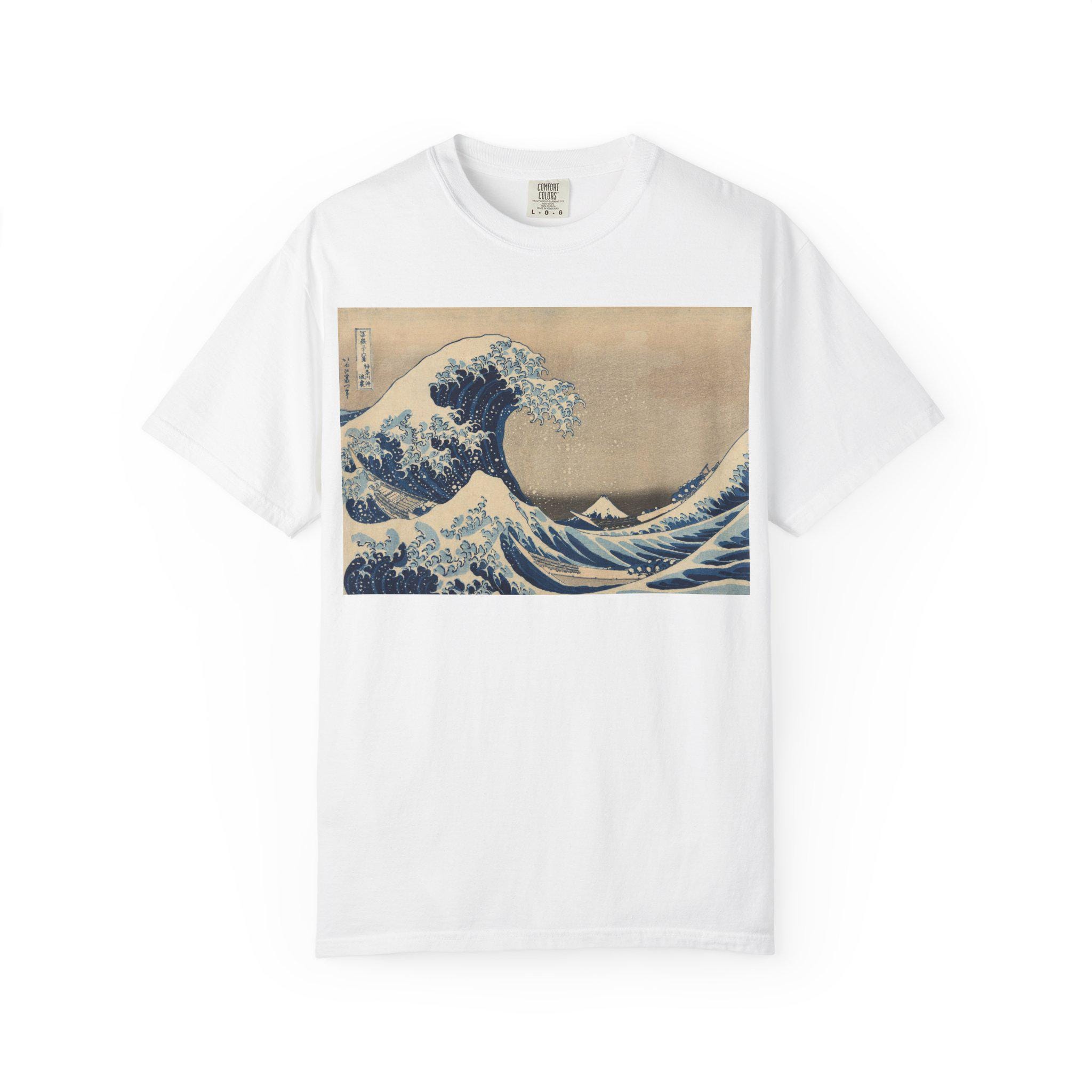 The Great Wave off Kanagawa by Katsushika Hokusai - Japanese Ukiyo-e Art T-Shirt - Unisex Garment-Dyed Tee - Detailed view 2 showing the premium acrylic print quality and craftsmanship