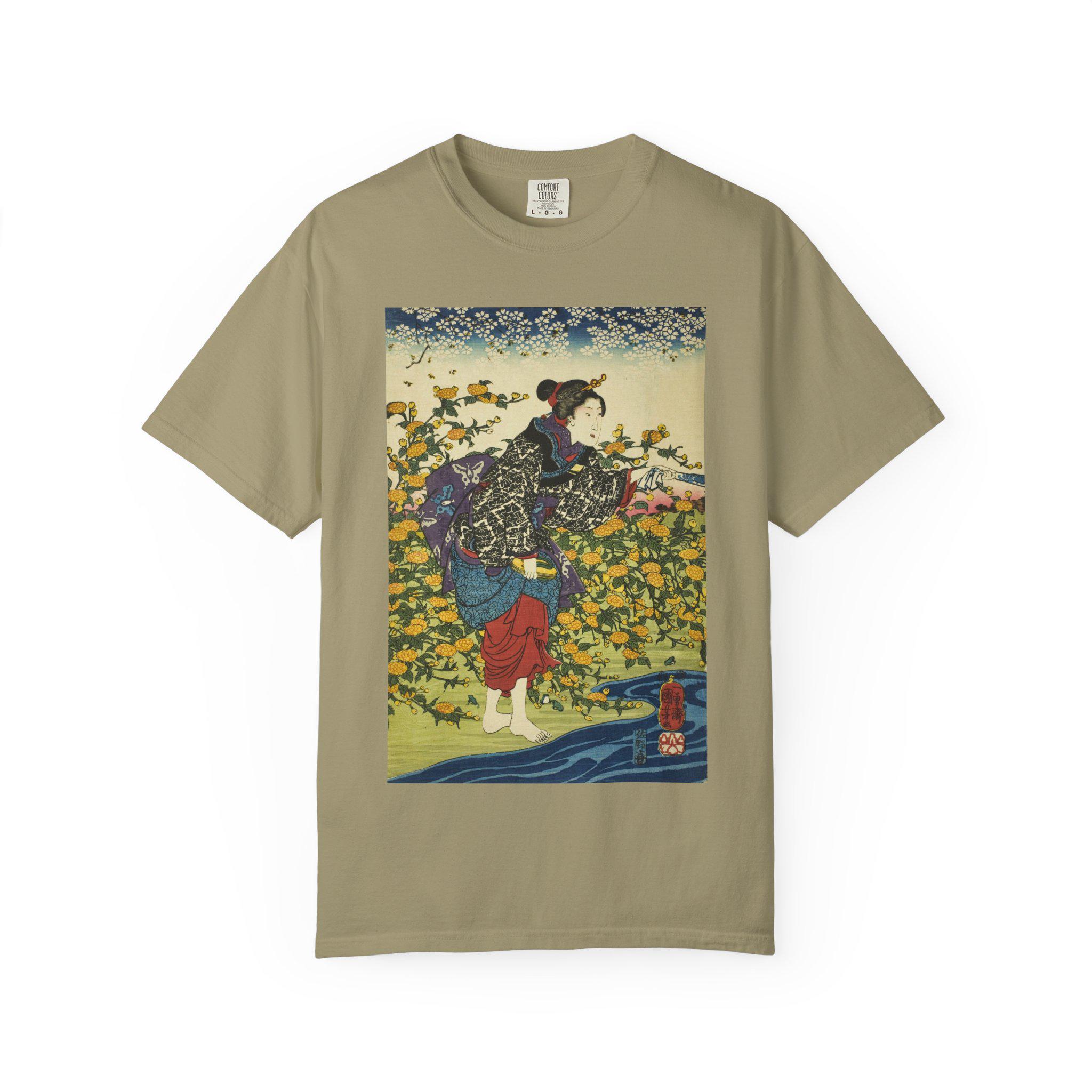The Ide Jewel River in Yamashiro Province by Utagawa Kuniyoshi - Unisex Garment-Dyed T-Shirt - Japanese Ukiyo-e Art Tee - Detailed view 4 showing the premium acrylic print quality and craftsmanship