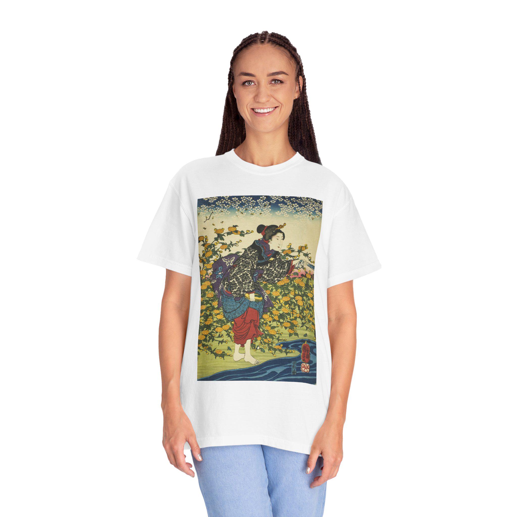 The Ide Jewel River in Yamashiro Province by Utagawa Kuniyoshi - Unisex Garment-Dyed T-Shirt - Japanese Ukiyo-e Art Tee - Detailed view 9 showing the premium acrylic print quality and craftsmanship