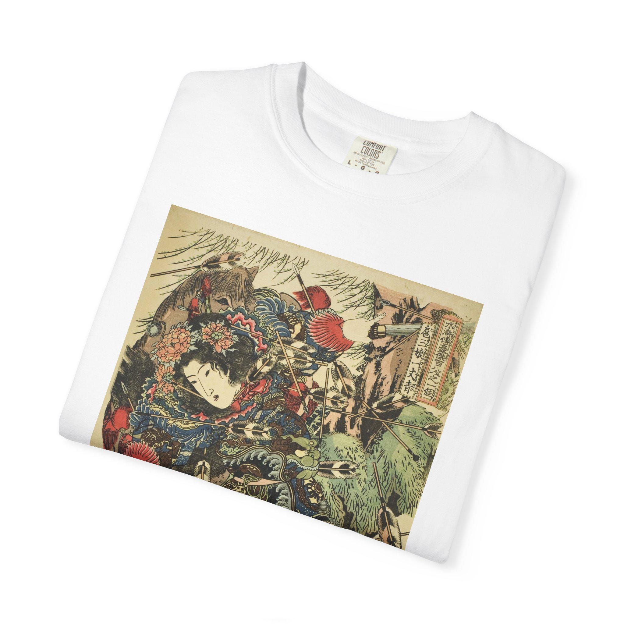 Hu Sanniang by Utagawa Kuniyoshi - Edo Period Warrior Woman Ukiyo-e - Japanese Suikoden Art - Unisex Garment-Dyed T-shirt - Detailed view 7 showing the premium acrylic print quality and craftsmanship