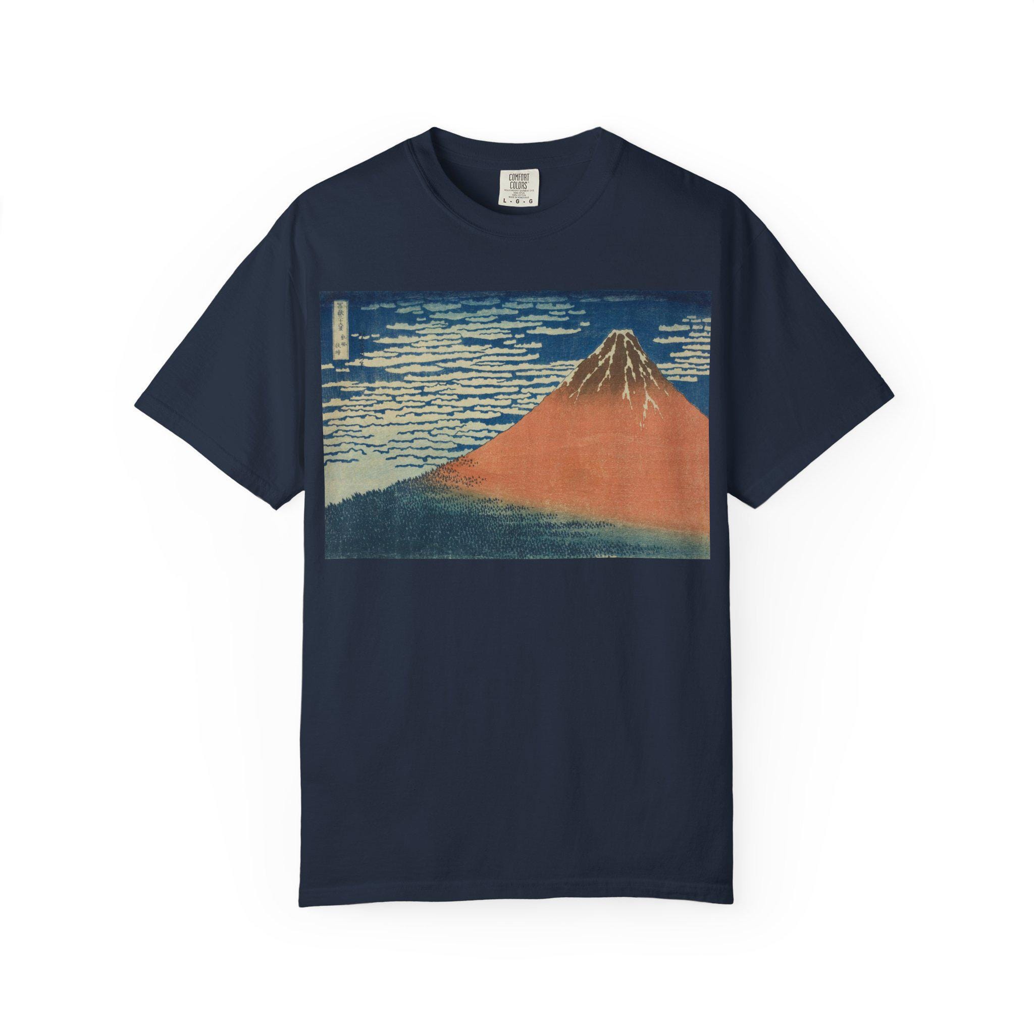 Red Fuji (A Mild Breeze on a Fine Day) by Katsushika Hokusai - Japanese Ukiyo-e Art T-Shirt - Unisex Garment-Dyed Tee - Detailed view 6 showing the premium acrylic print quality and craftsmanship