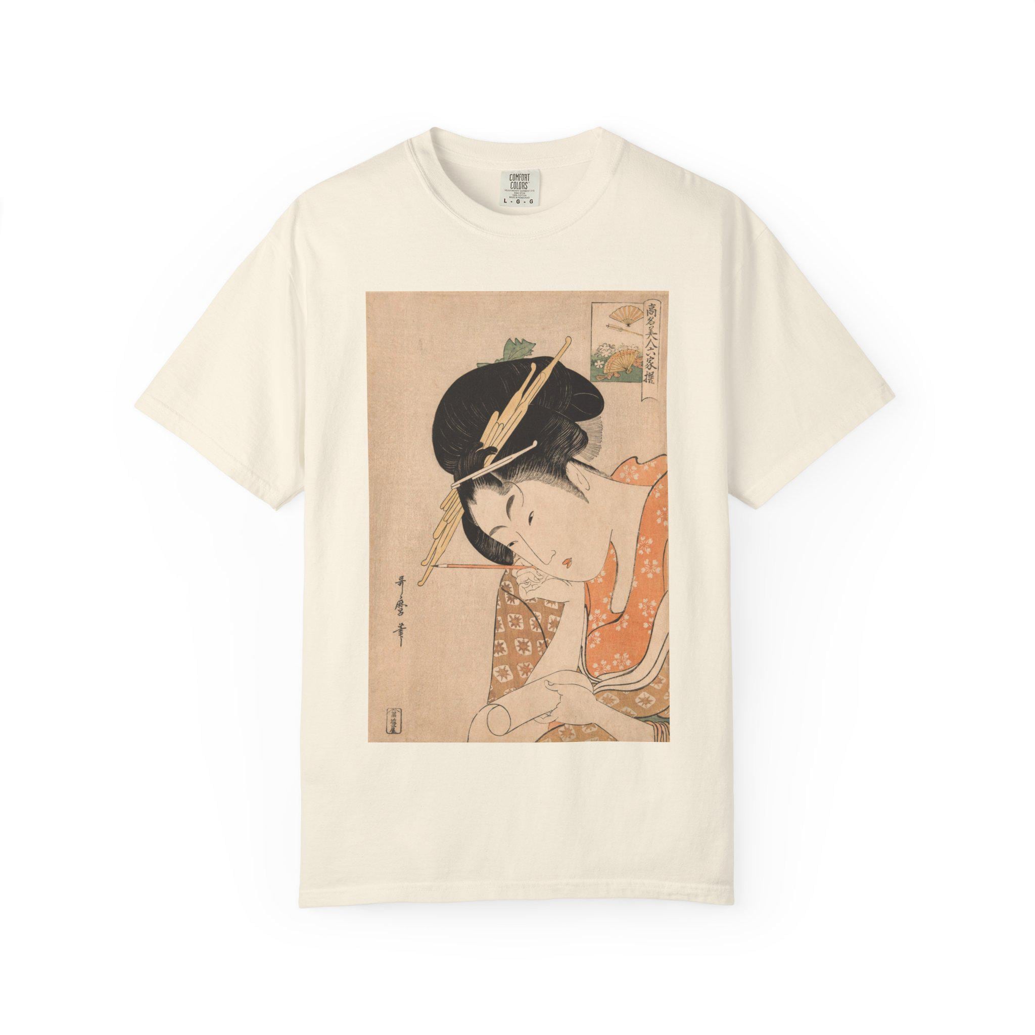 Elegant Edo Courtesan Portrait by Kitagawa Utamaro - Hanaogi of the Ogiya Ukiyo-e Art T-Shirt - Japanese Aesthetic Unisex Tee - Detailed view 3 showing the premium acrylic print quality and craftsmanship