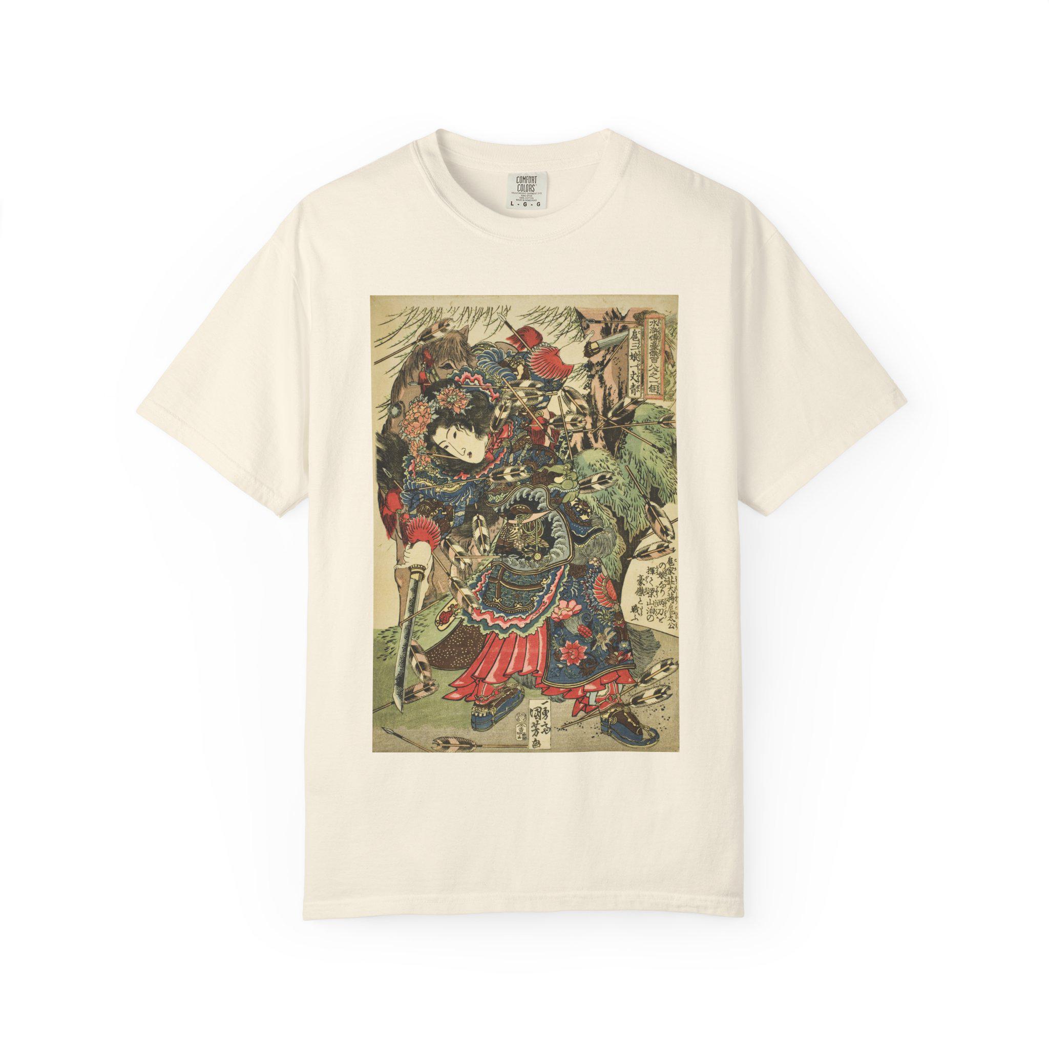 Hu Sanniang by Utagawa Kuniyoshi - Edo Period Warrior Woman Ukiyo-e - Japanese Suikoden Art - Unisex Garment-Dyed T-shirt - Detailed view 3 showing the premium acrylic print quality and craftsmanship