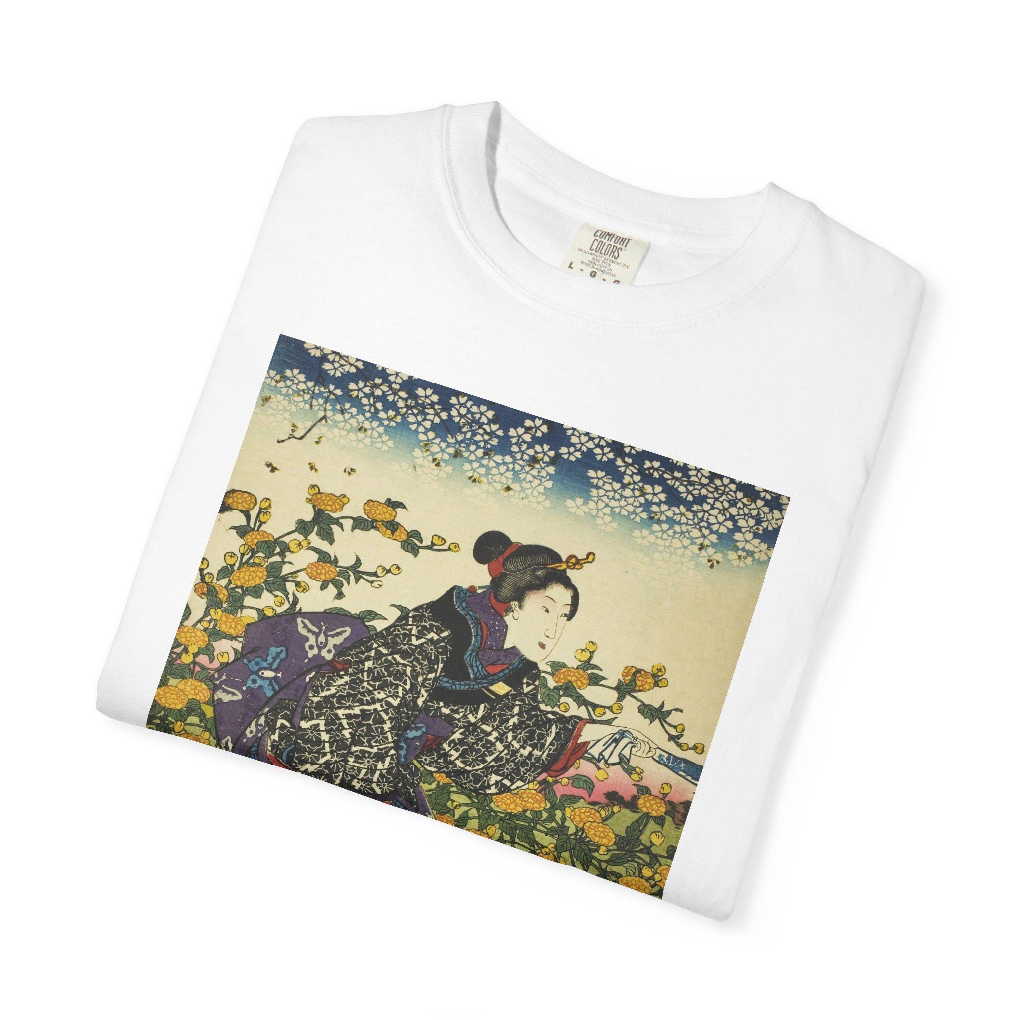 The Ide Jewel River in Yamashiro Province by Utagawa Kuniyoshi - Unisex Garment-Dyed T-Shirt - Japanese Ukiyo-e Art Tee - Detailed view 7 showing the premium acrylic print quality and craftsmanship
