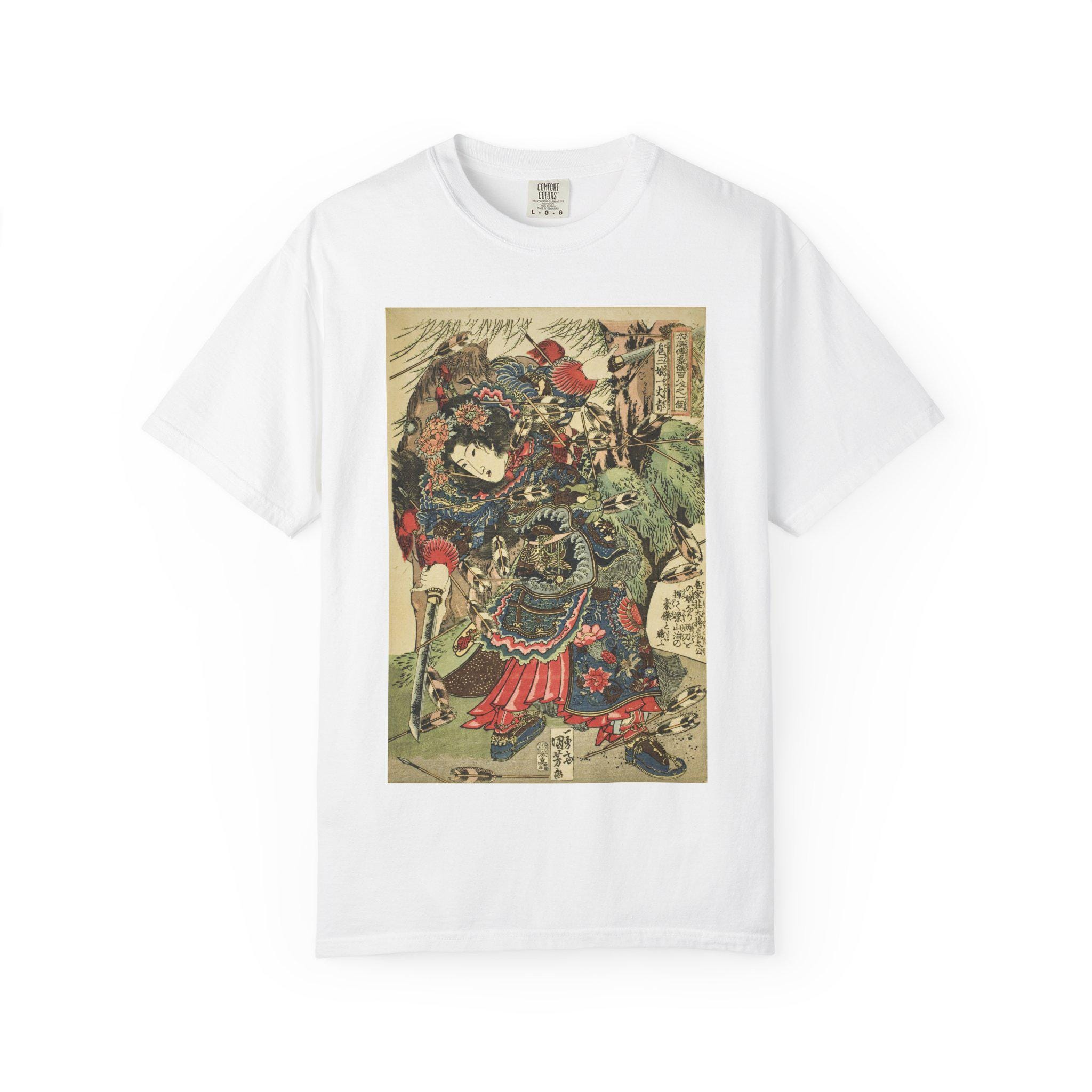 Hu Sanniang by Utagawa Kuniyoshi - Edo Period Warrior Woman Ukiyo-e - Japanese Suikoden Art - Unisex Garment-Dyed T-shirt - Detailed view 2 showing the premium acrylic print quality and craftsmanship