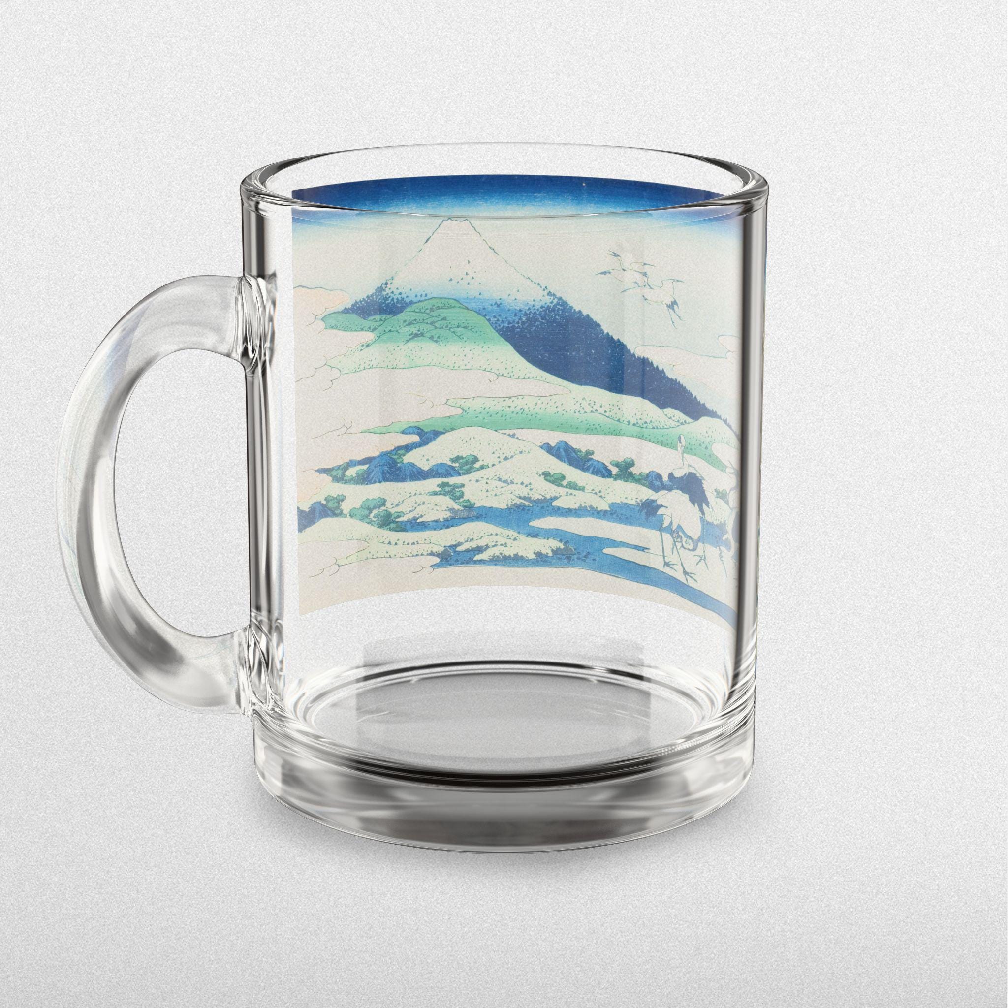 Umezawa Marsh Glass Mug by Hokusai - Elegant 10oz Clear Art Mug Featuring Serene Ukiyo-e Fuji Scene, Perfect for Coffee or Tea Moments - Detailed view 2 showing the premium acrylic print quality and craftsmanship