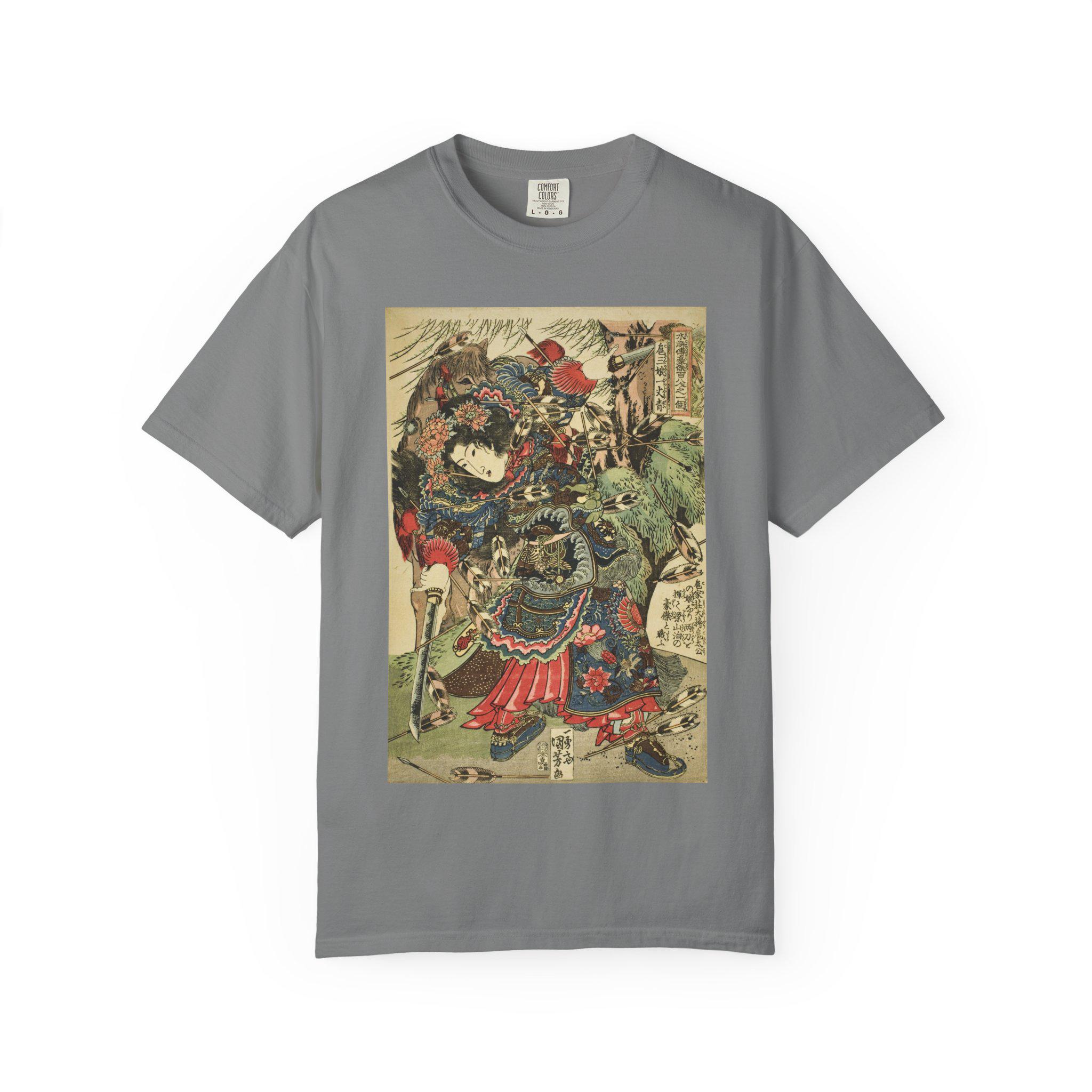 Hu Sanniang by Utagawa Kuniyoshi - Edo Period Warrior Woman Ukiyo-e - Japanese Suikoden Art - Unisex Garment-Dyed T-shirt - Detailed view 5 showing the premium acrylic print quality and craftsmanship