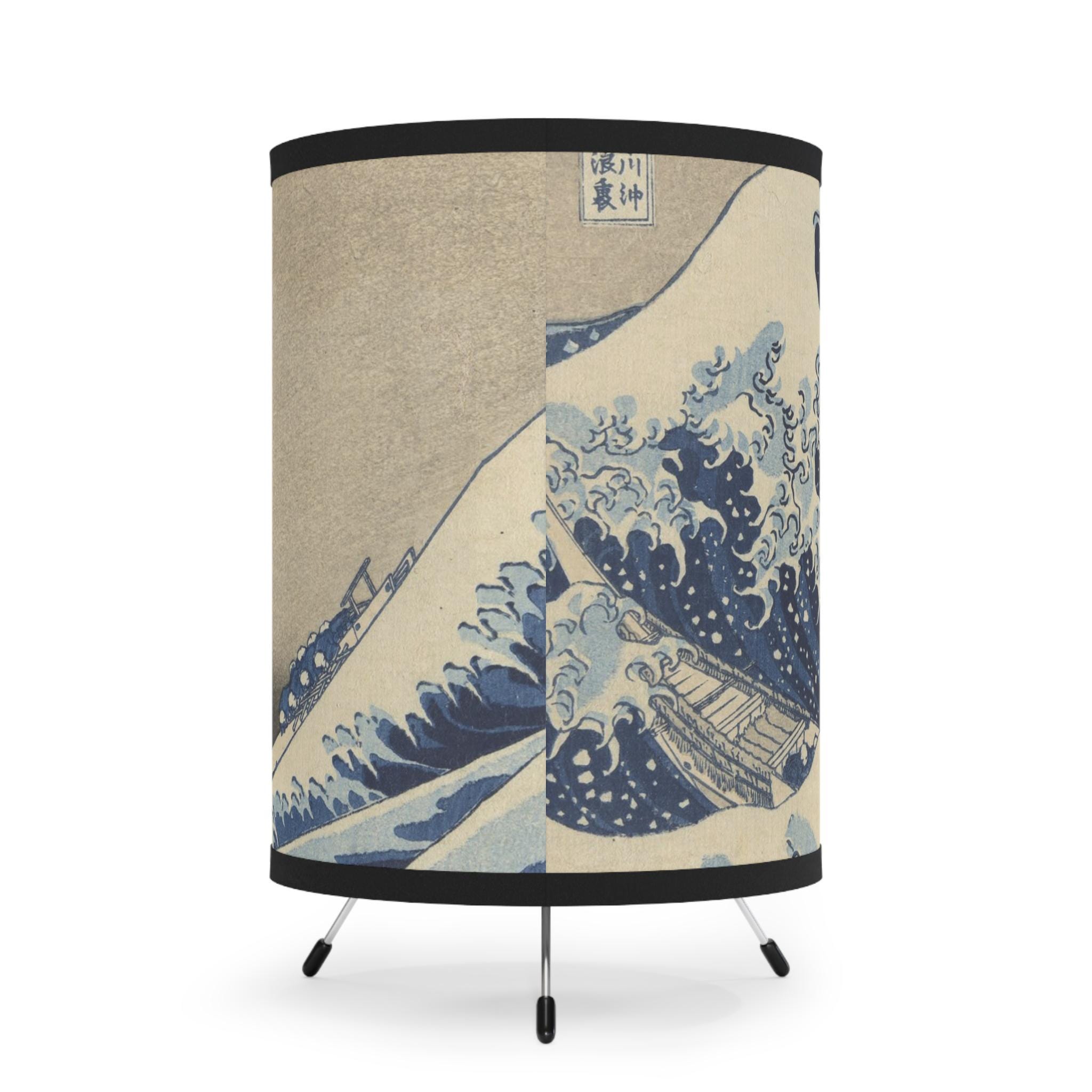 The Great Wave Tripod Lamp - Japanese Ukiyo-e Light Featuring Katsushika Hokusai's Masterpiece for Japandi Zen Interiors & Cultural Gifts - Detailed view 4 showing the premium acrylic print quality and craftsmanship