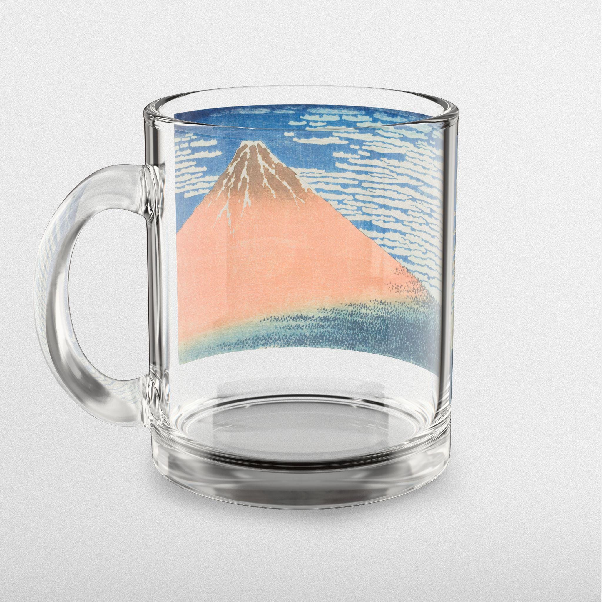 Red Fuji Glass Mug by Hokusai - Elegant 10oz Clear Art Mug Featuring Famous Ukiyo-e Mt. Fuji Print, Perfect for Coffee or Tea Moments - Detailed view 2 showing the premium acrylic print quality and craftsmanship