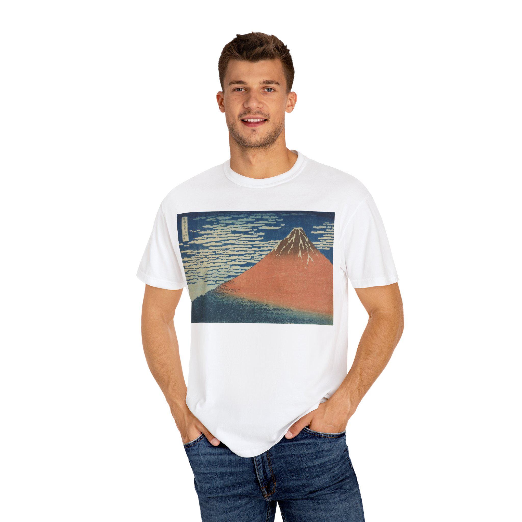 Red Fuji (A Mild Breeze on a Fine Day) by Katsushika Hokusai - Japanese Ukiyo-e Art T-Shirt - Unisex Garment-Dyed Tee - Detailed view 8 showing the premium acrylic print quality and craftsmanship