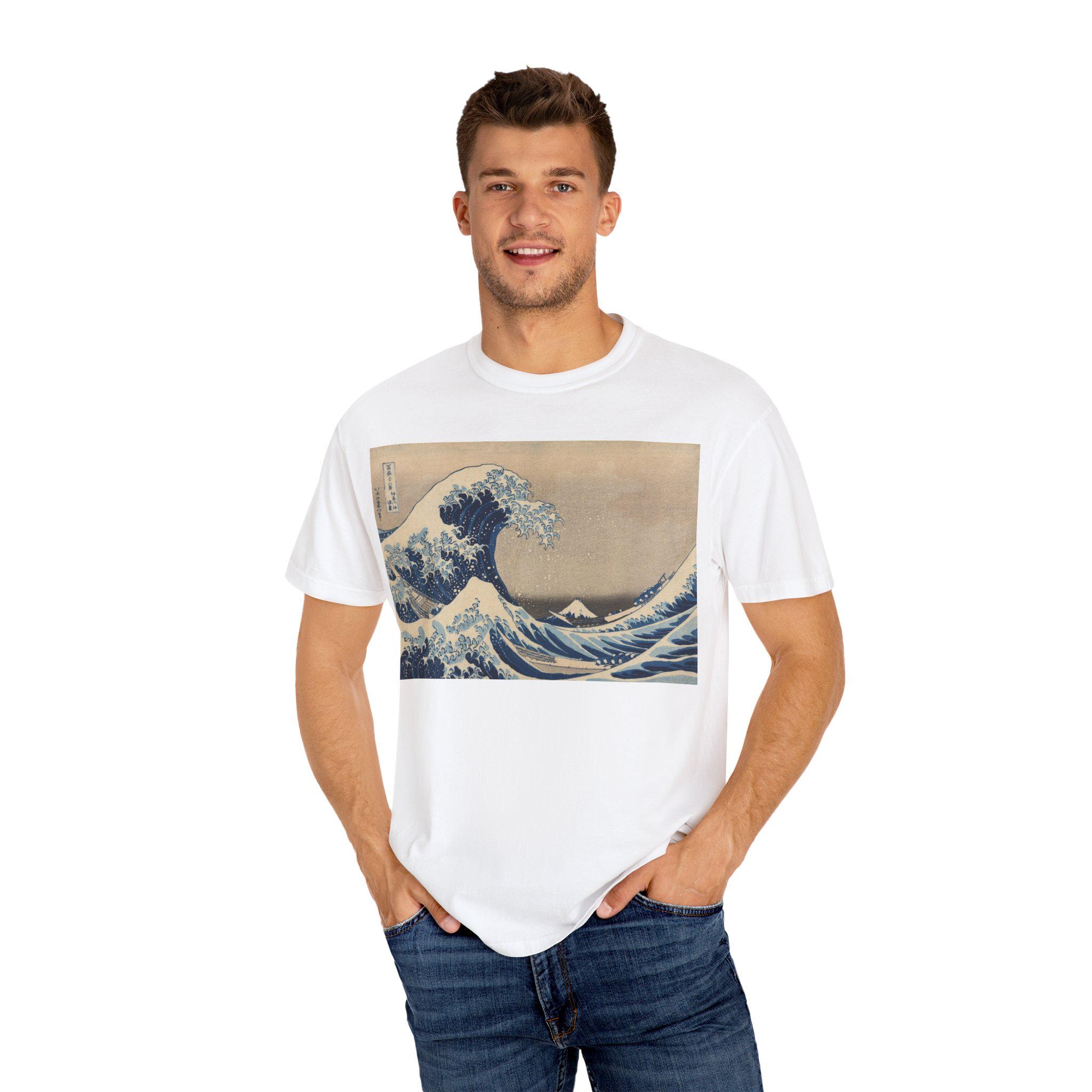 The Great Wave off Kanagawa by Katsushika Hokusai - Japanese Ukiyo-e Art T-Shirt - Unisex Garment-Dyed Tee - Detailed view 8 showing the premium acrylic print quality and craftsmanship