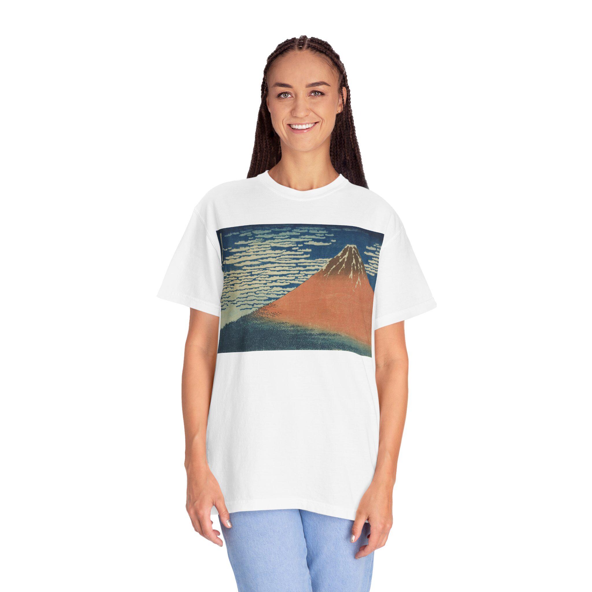 Red Fuji (A Mild Breeze on a Fine Day) by Katsushika Hokusai - Japanese Ukiyo-e Art T-Shirt - Unisex Garment-Dyed Tee - Detailed view 9 showing the premium acrylic print quality and craftsmanship