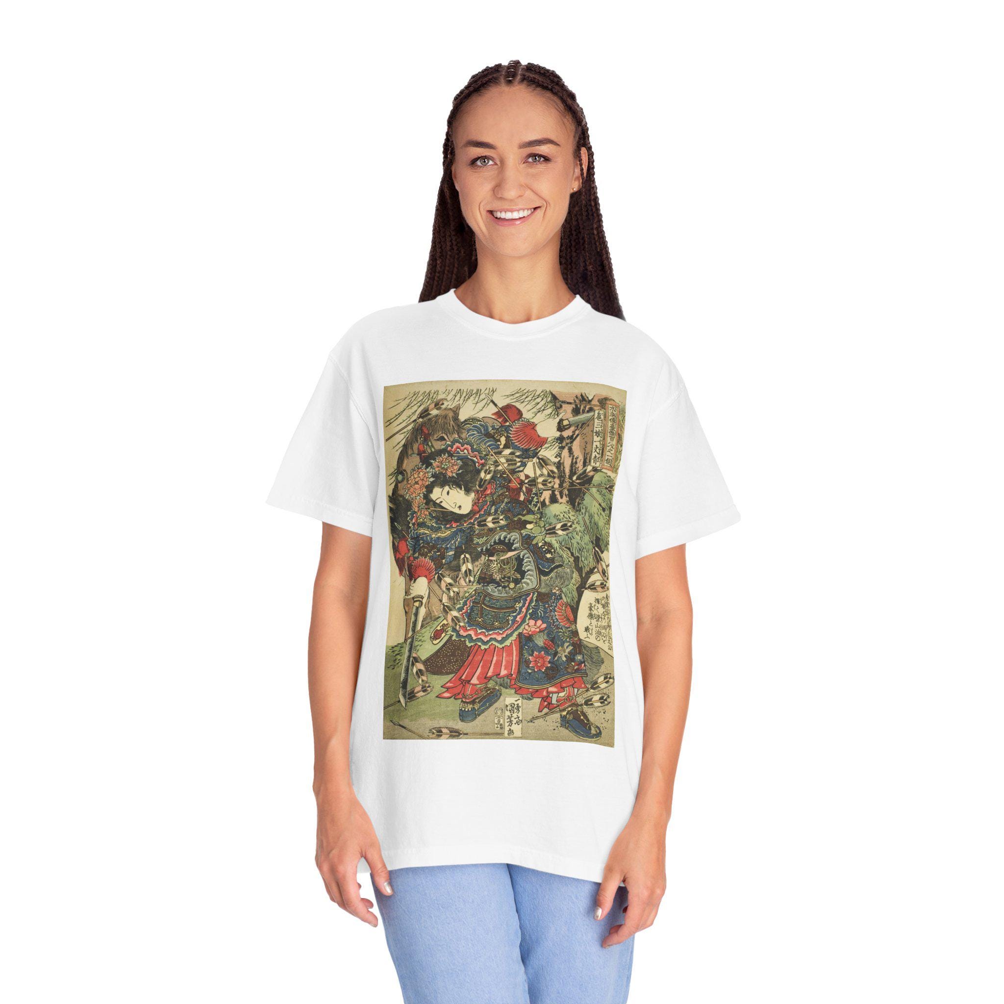 Hu Sanniang by Utagawa Kuniyoshi - Edo Period Warrior Woman Ukiyo-e - Japanese Suikoden Art - Unisex Garment-Dyed T-shirt - Detailed view 9 showing the premium acrylic print quality and craftsmanship