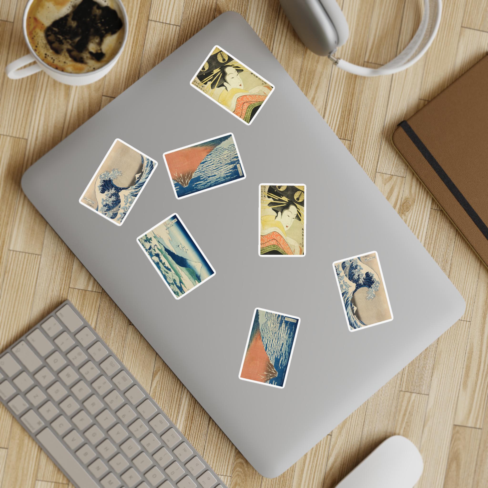 Ukiyo-e Sticker Sheet Set - Hokusai's Great Wave, Red Fuji, Umezawa & Edo Beauty by Eisho | Japanese Art Collection | 4-in-1 Premium Vinyl - Detailed view 4 showing the premium acrylic print quality and craftsmanship