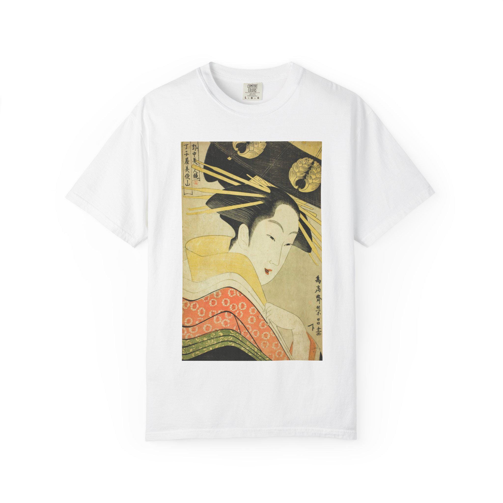 Misayama of the Chojiya by Chokosai Eisho - Edo Period Ukiyo-e Beauty Print T-Shirt - Licensed Quarter Courtesan Series - Detailed view 2 showing the premium acrylic print quality and craftsmanship