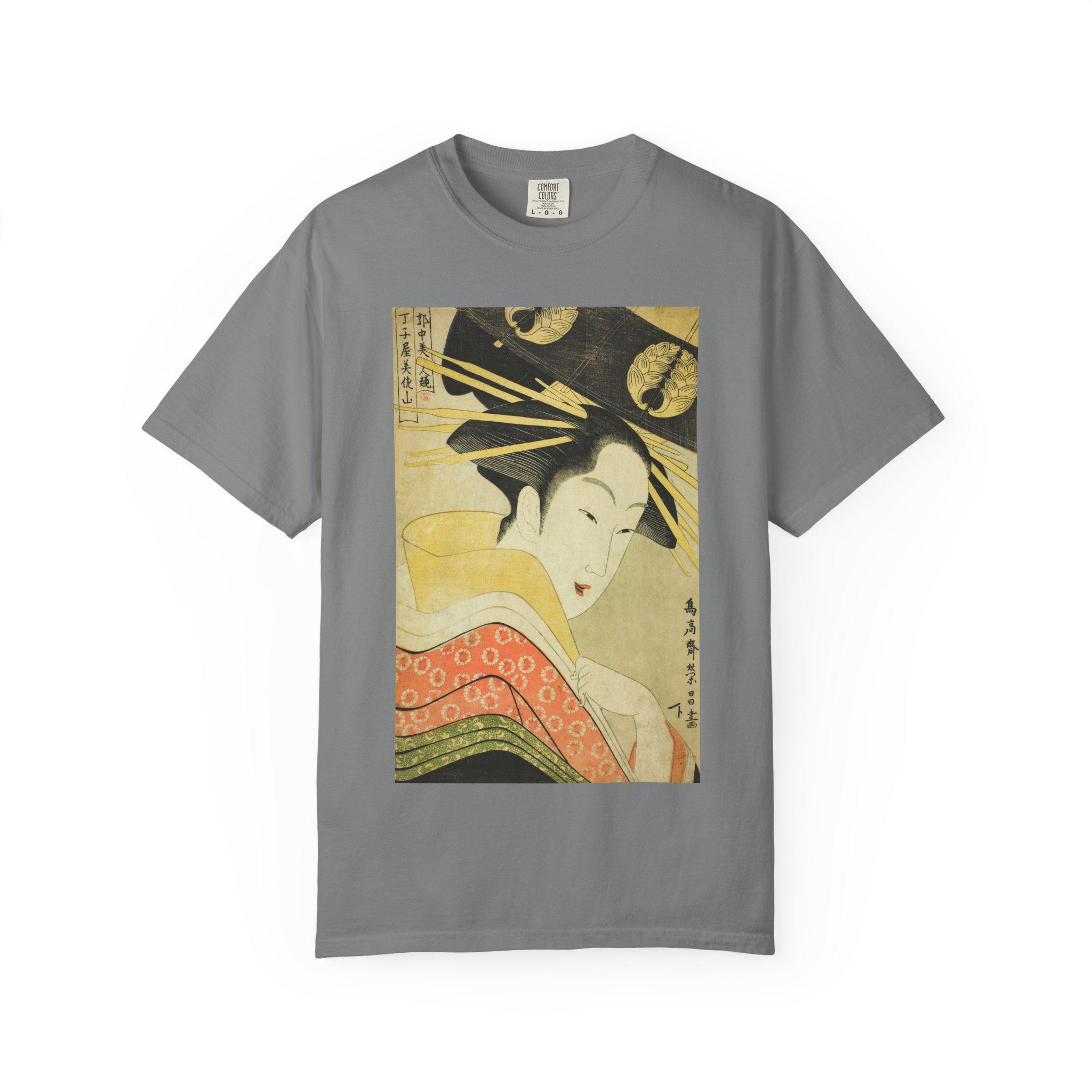 Misayama of the Chojiya by Chokosai Eisho - Edo Period Ukiyo-e Beauty Print T-Shirt - Licensed Quarter Courtesan Series - Detailed view 5 showing the premium acrylic print quality and craftsmanship