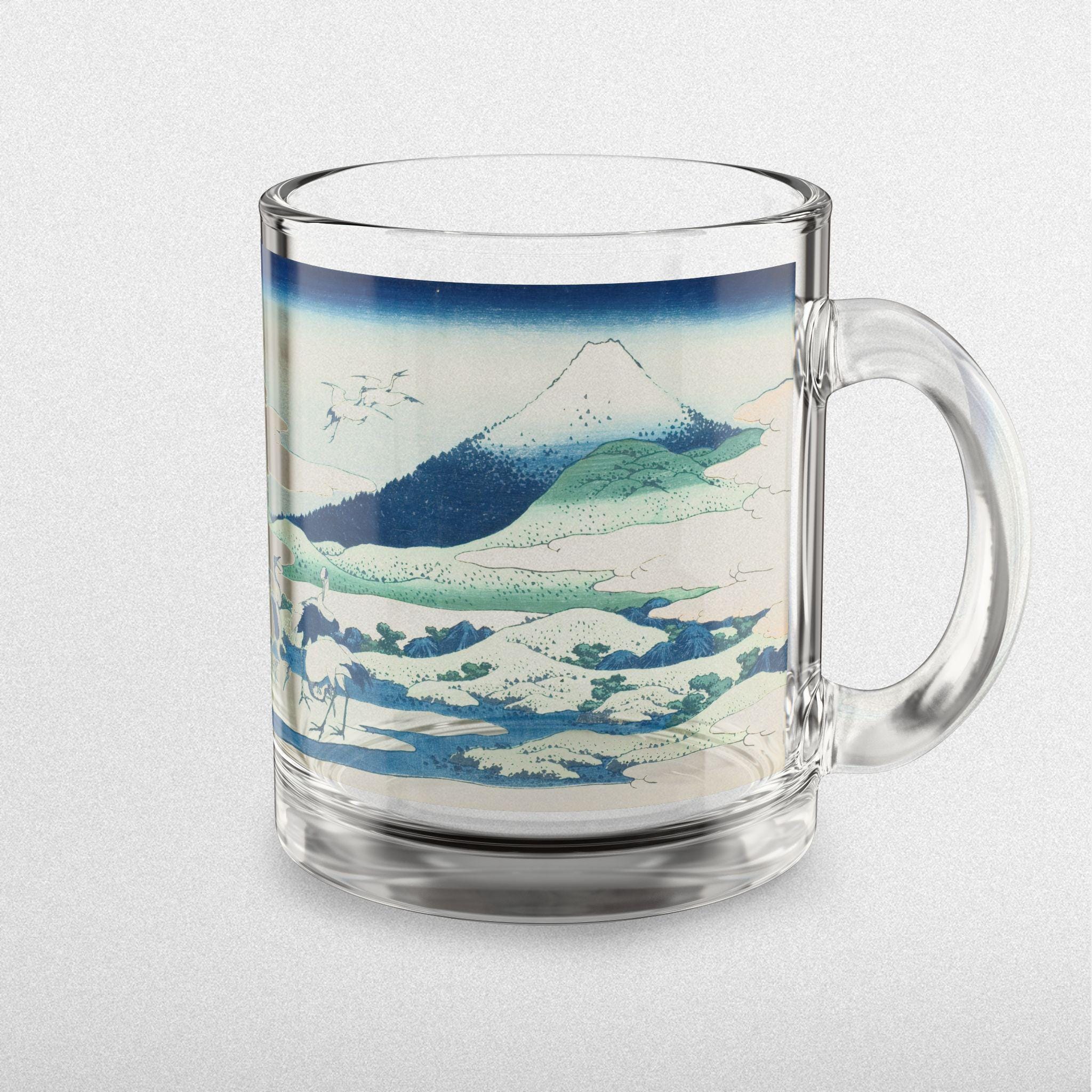 Umezawa Marsh Glass Mug by Hokusai - Elegant 10oz Clear Art Mug Featuring Serene Ukiyo-e Fuji Scene, Perfect for Coffee or Tea Moments