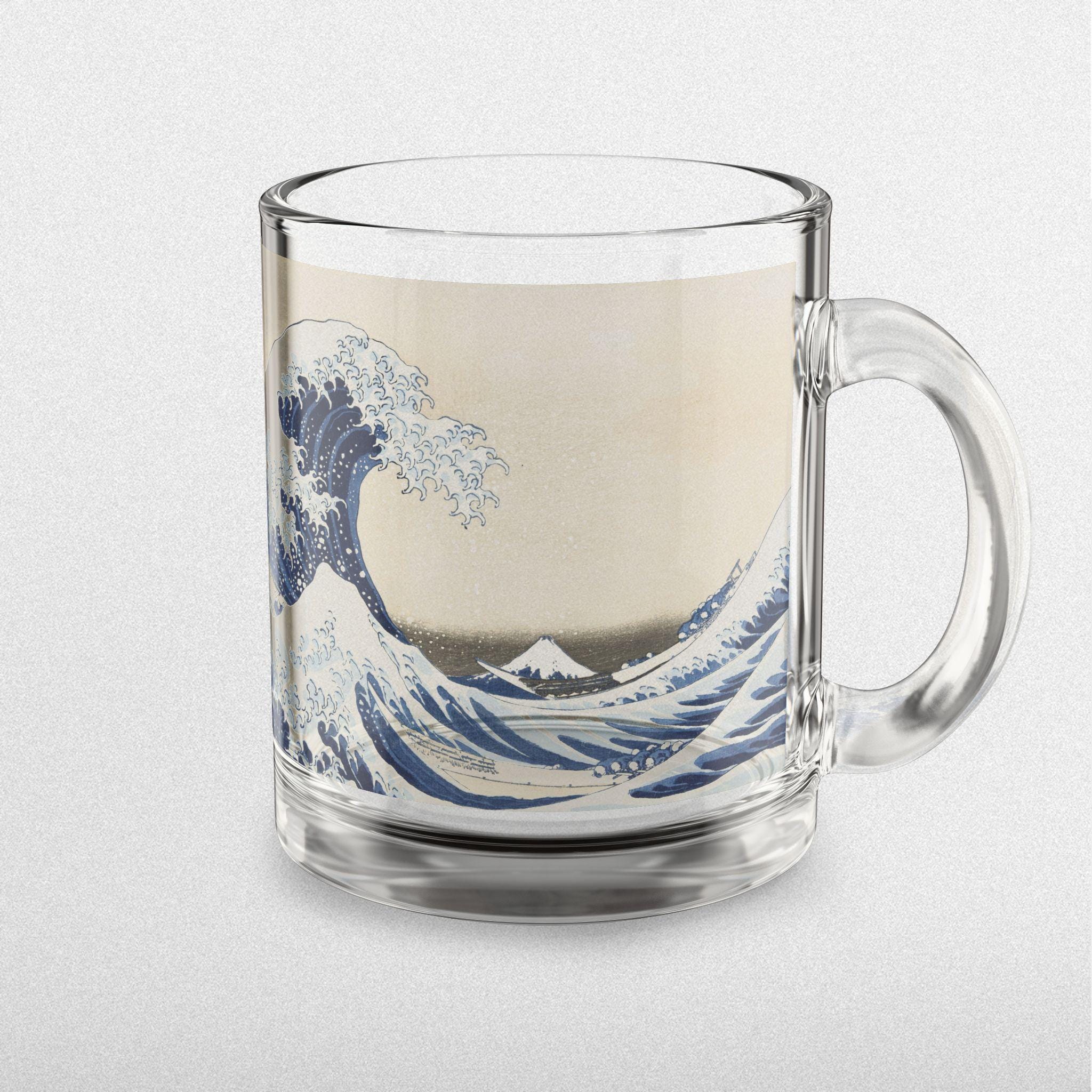 The Great Wave Glass Mug by Hokusai - Elegant 10oz Clear Art Mug Featuring Iconic Ukiyo-e Print, Ideal for Tea or Morning Coffee Moments