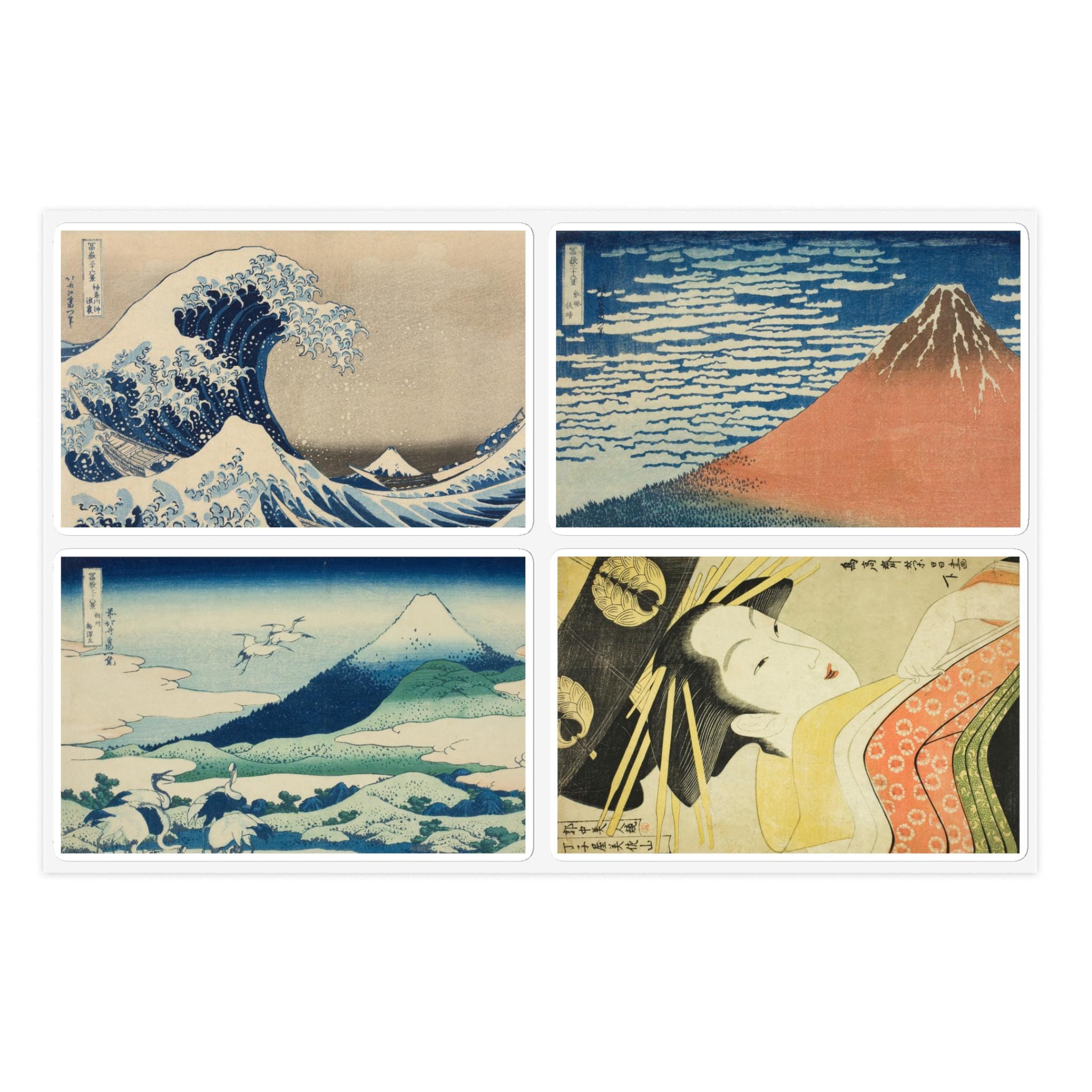 Ukiyo-e Sticker Sheet Set - Hokusai's Great Wave, Red Fuji, Umezawa & Edo Beauty by Eisho | Japanese Art Collection | 4-in-1 Premium Vinyl - Detailed view 2 showing the premium acrylic print quality and craftsmanship