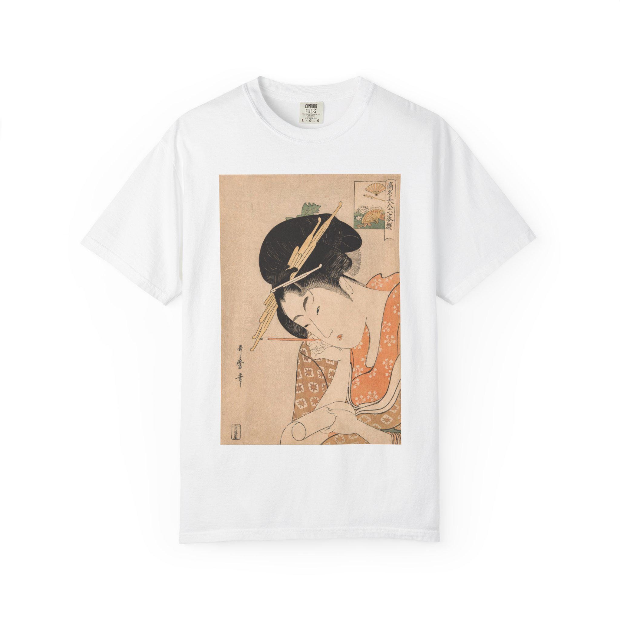 Elegant Edo Courtesan Portrait by Kitagawa Utamaro - Hanaogi of the Ogiya Ukiyo-e Art T-Shirt - Japanese Aesthetic Unisex Tee - Detailed view 2 showing the premium acrylic print quality and craftsmanship