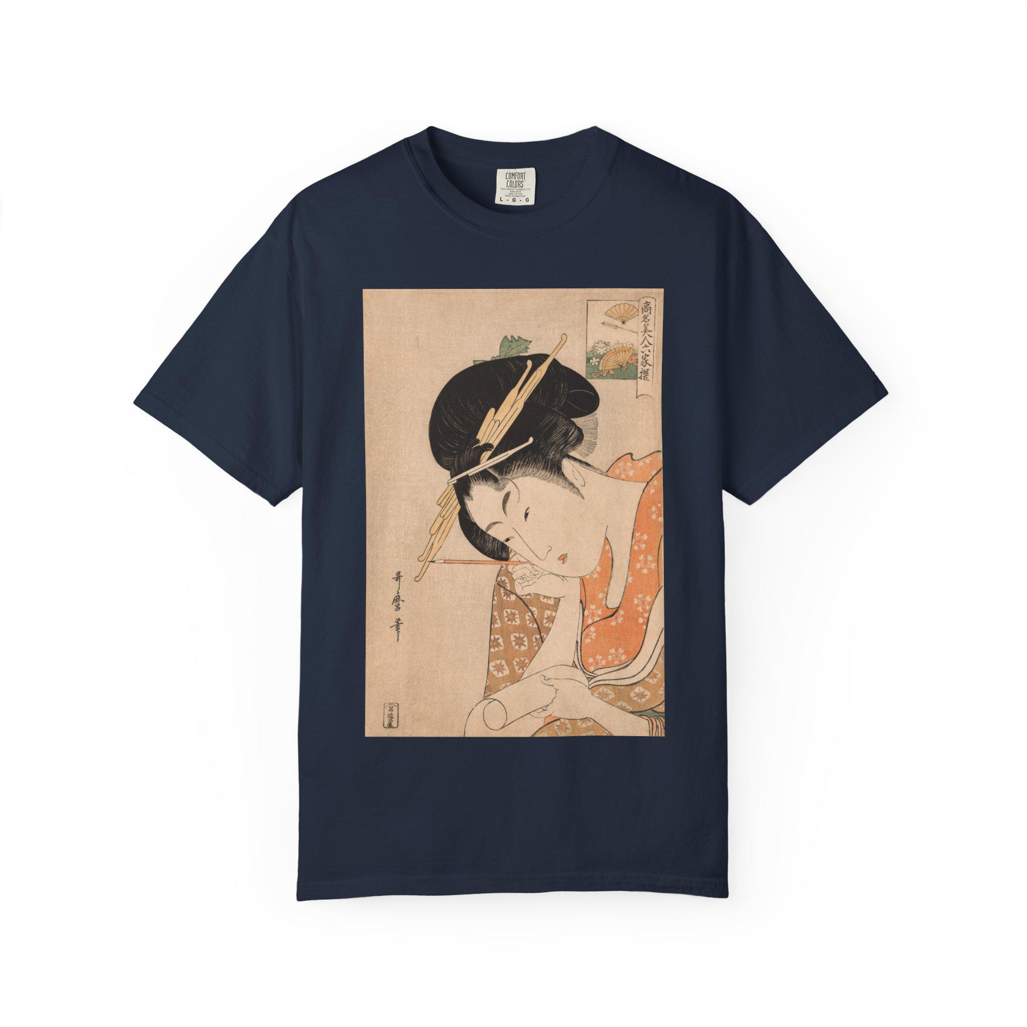 Elegant Edo Courtesan Portrait by Kitagawa Utamaro - Hanaogi of the Ogiya Ukiyo-e Art T-Shirt - Japanese Aesthetic Unisex Tee - Detailed view 6 showing the premium acrylic print quality and craftsmanship