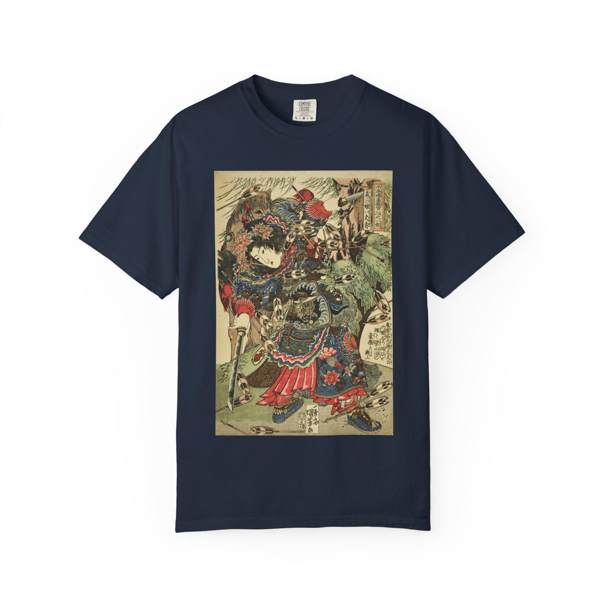 Hu Sanniang by Utagawa Kuniyoshi - Edo Period Warrior Woman Ukiyo-e - Japanese Suikoden Art - Unisex Garment-Dyed T-shirt - Detailed view 6 showing the premium acrylic print quality and craftsmanship