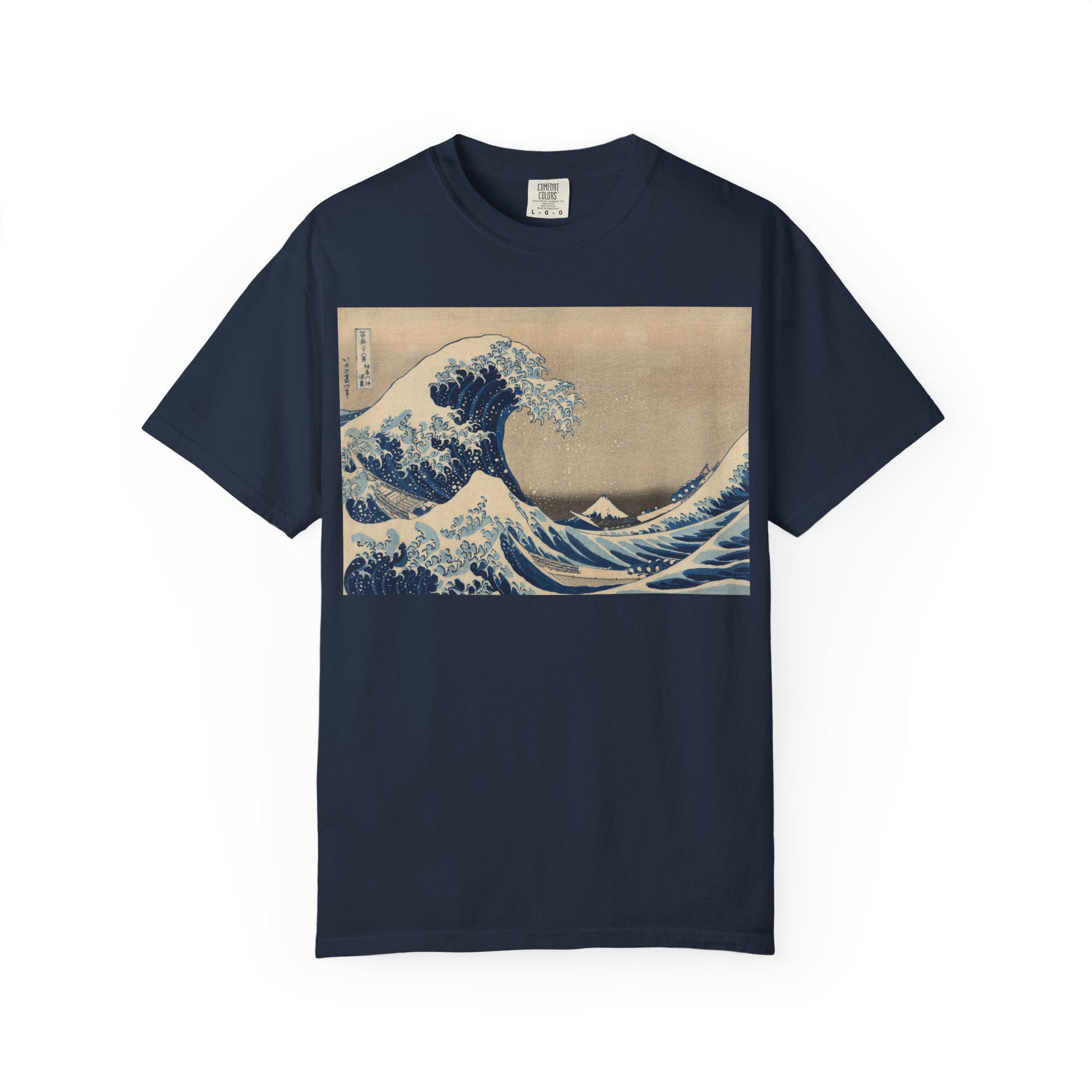 The Great Wave off Kanagawa by Katsushika Hokusai - Japanese Ukiyo-e Art T-Shirt - Unisex Garment-Dyed Tee - Detailed view 6 showing the premium acrylic print quality and craftsmanship