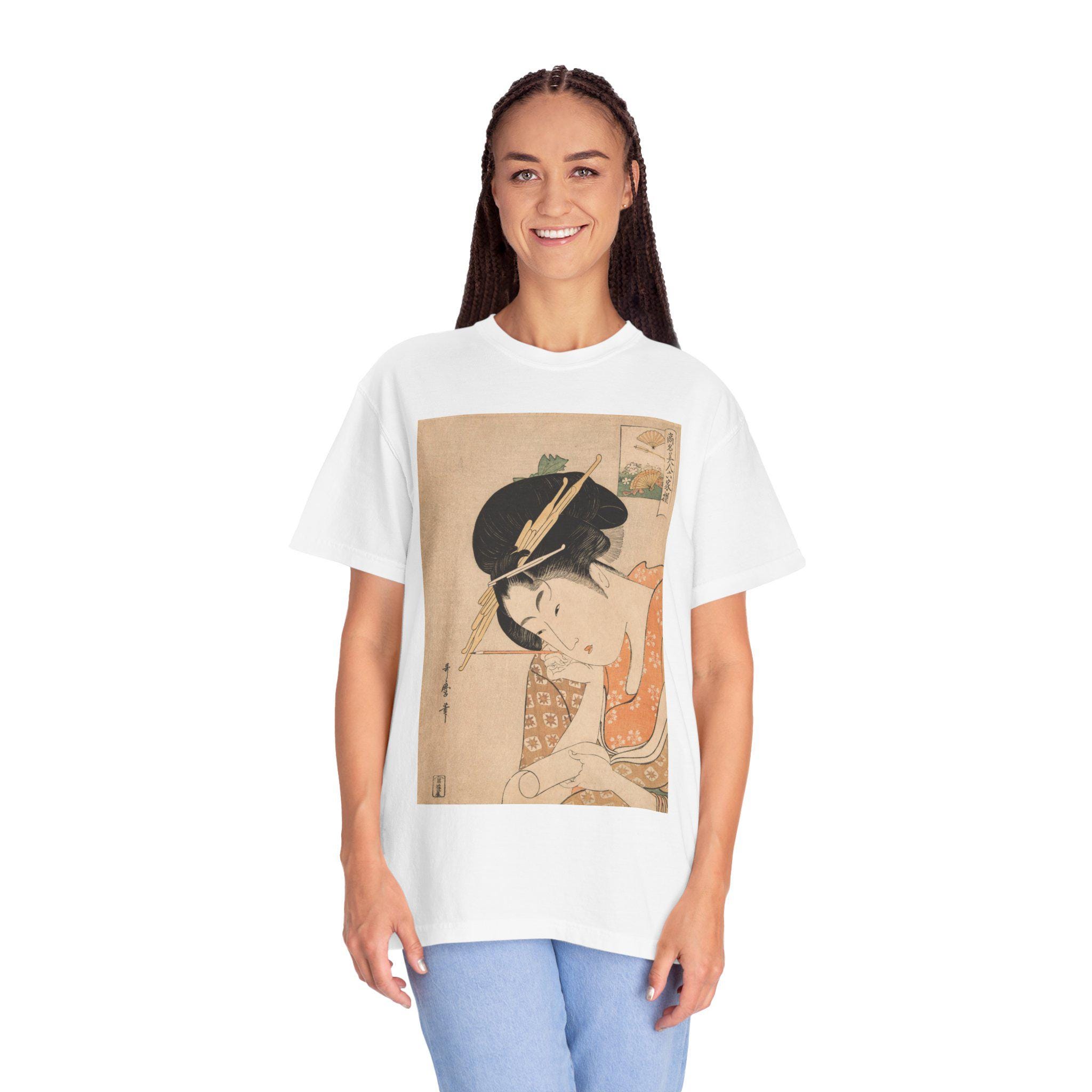 Elegant Edo Courtesan Portrait by Kitagawa Utamaro - Hanaogi of the Ogiya Ukiyo-e Art T-Shirt - Japanese Aesthetic Unisex Tee - Detailed view 9 showing the premium acrylic print quality and craftsmanship