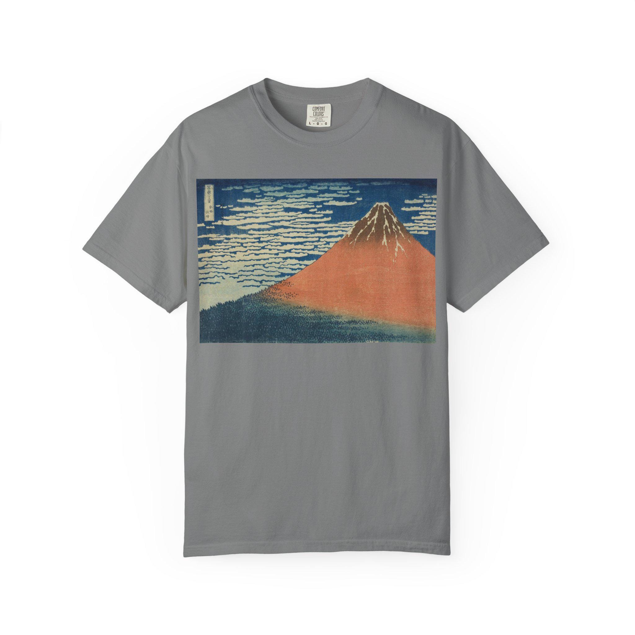 Red Fuji (A Mild Breeze on a Fine Day) by Katsushika Hokusai - Japanese Ukiyo-e Art T-Shirt - Unisex Garment-Dyed Tee - Detailed view 5 showing the premium acrylic print quality and craftsmanship