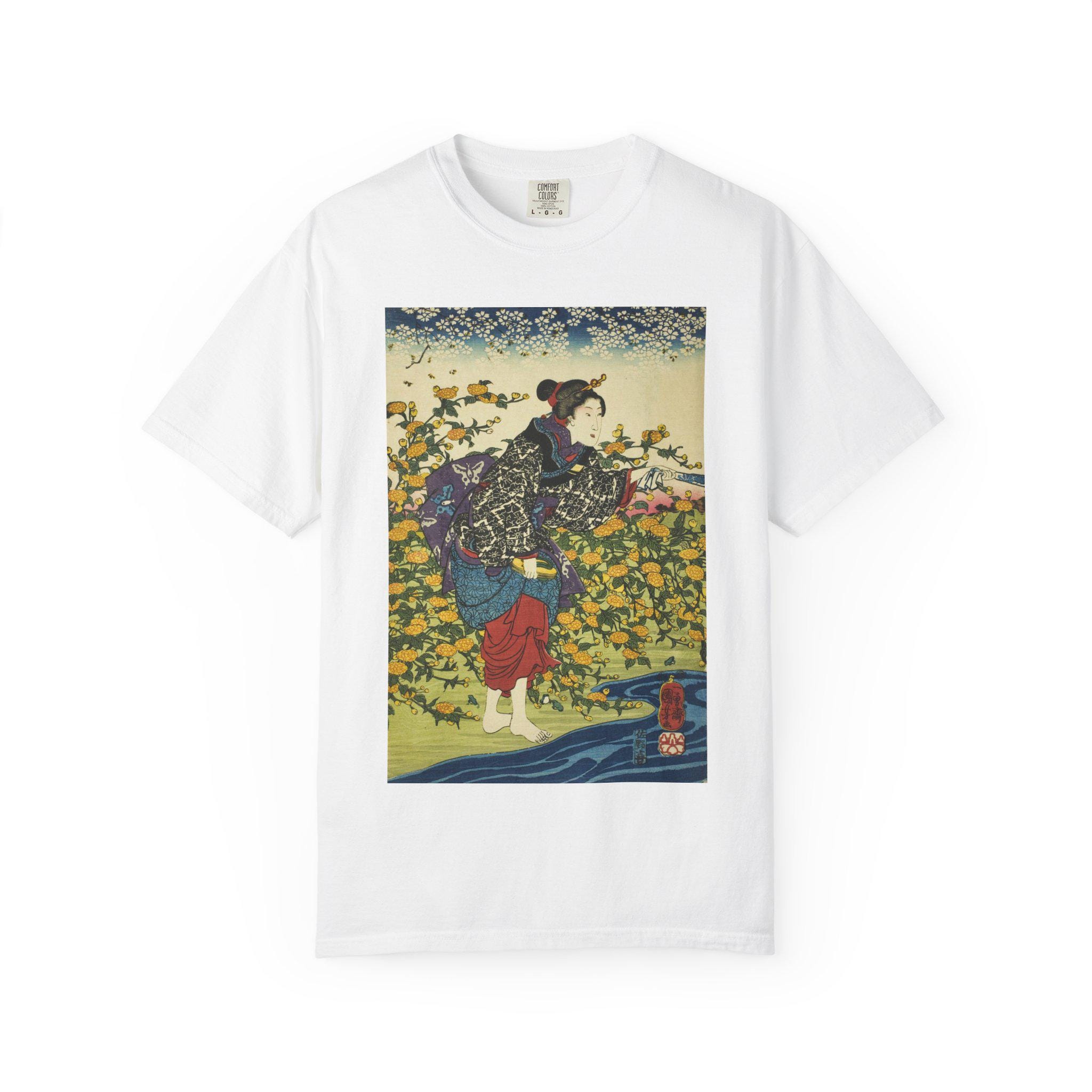 The Ide Jewel River in Yamashiro Province by Utagawa Kuniyoshi - Unisex Garment-Dyed T-Shirt - Japanese Ukiyo-e Art Tee - Detailed view 2 showing the premium acrylic print quality and craftsmanship