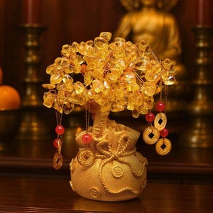 Feng Shui Yellow Crystal Tree of Life, Good Luck Items for Home Decor, Golden Money Tree with 6 Hanging Coin Charms, Good Fortune Tree Gift