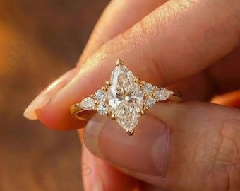 10K Yellow Gold Promise Ring, 1.0 Ct Marquise Cut Moissanite Wedding Ring, Women's Diamond Engagement Ring With Side Stone, Gift For Her.