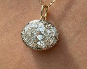 18K Two Tone Gold Stunning Pendant, East West Oval Cut Moissanite Wedding Pendant, 3.0 CT Diamond Solitaire Pendant,Daily Wear Only Pendant.