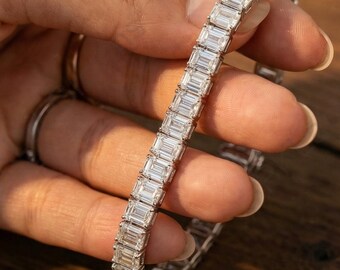 12- 14 TCW Emerald Cut Moissanite Tennis Wedding Promise Bracelet, 18K White Gold Proposal Tennis Bracelet,Prong Set Classic Tennis Bracelet