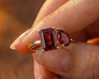 Toi Et Moi Wedding Ring, Red Emerald & Pear Cut Garnet Engagement Ring, Classic Prong Setting Anniversary Ring, 14K Solid Yellow Gold Ring.