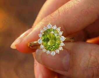 Green Oval Cut Peridot Engagement Ring, Classic Round Diamond Halo Wedding Ring, Prong Setting Unique Proposal Ring, 10K Yellow Gold Ring.