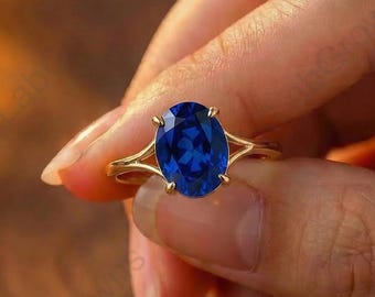 Blue Oval Cut Sapphire Promise Ring,Split Shank Wedding Ring,Prong Setting Classic Engagement Ring,18K Solid Yellow Gold Elegant Bridal Gift